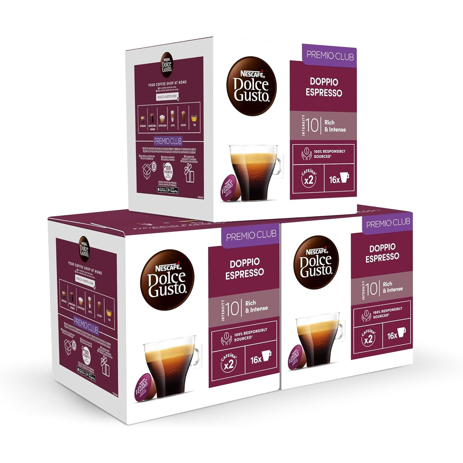 NESCAFÉ Dolce Gusto Espresso Doppio, 48 cápsulas, Intensidad 10, Café arábica y robusta (3 pack x 16)