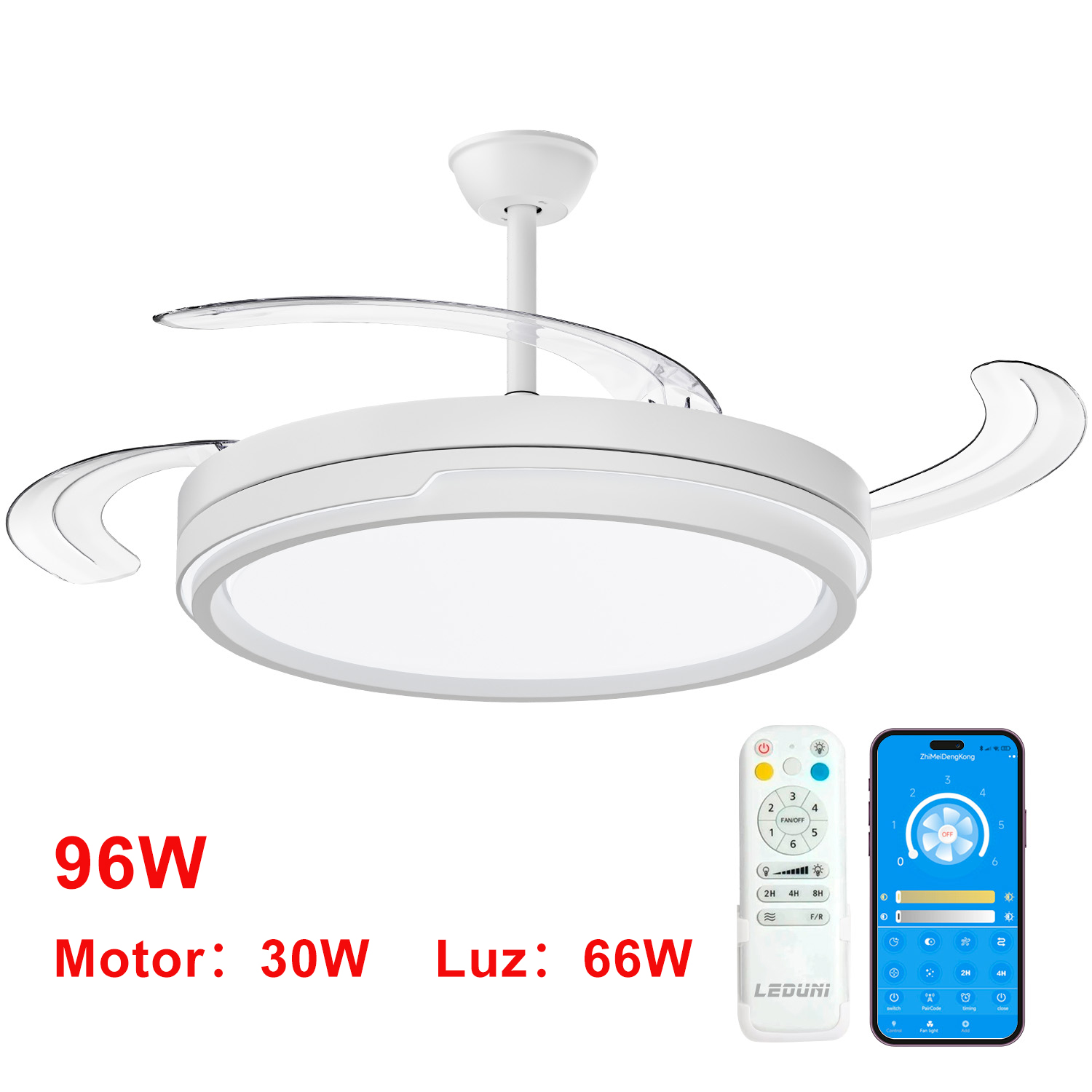 Ventilador de Techo iotostark con Luz LED Retráctil 106cm, 3 Aspas, Potencia Total 72W, Sin APP, con Mando a Distancia, Temporizador, 6 Velocidades, 3 Temperaturas de Luz, Función Verano-Invierno, Silencioso, Blanco iotostark-leduni