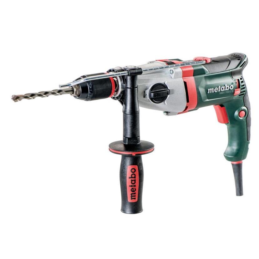 Metabo SBEV 1100-2 impact drill, 3100 RPM, 1100 W, 2.8 kg, adjustable speed, with 42 Nm torque, for drilling wood (max 4 cm) and metal (max 1.6 cm), available in Black, Green, Red, and Stainless Steel.