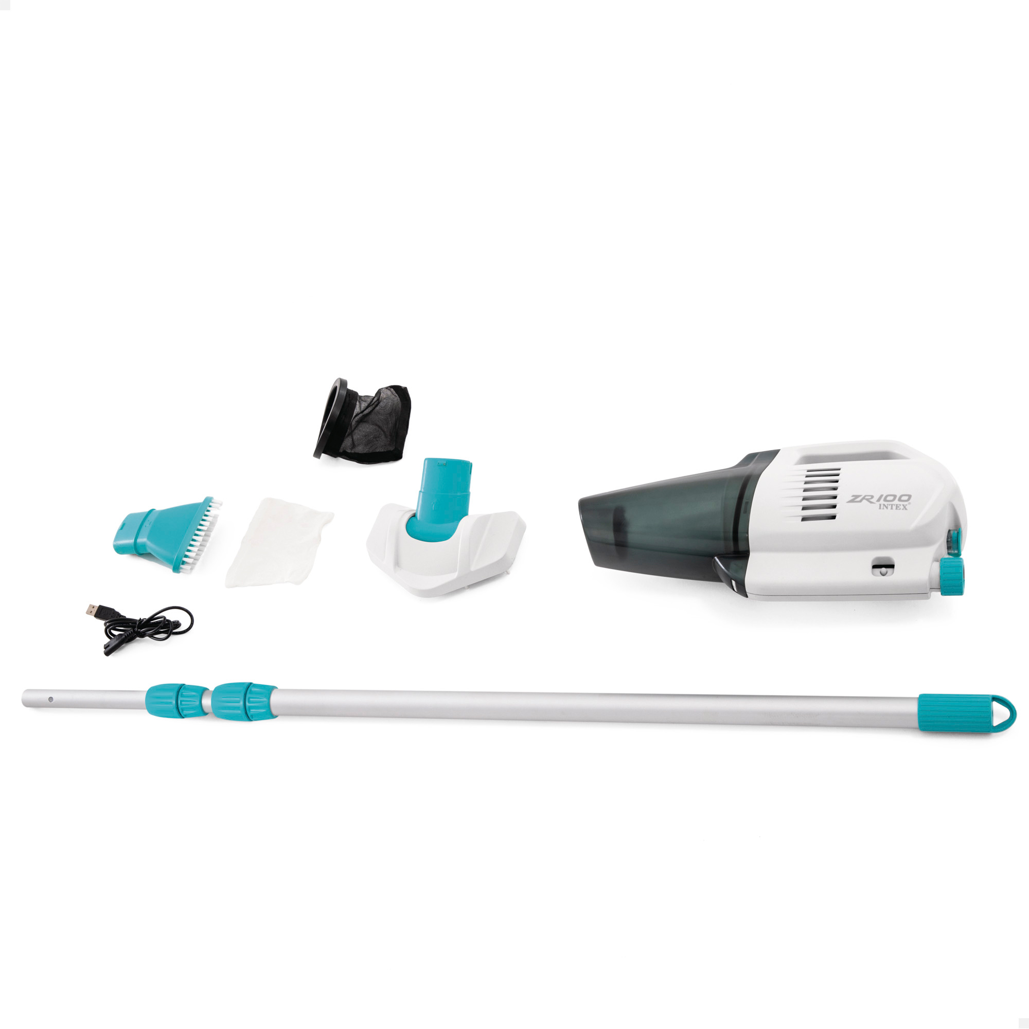 INTEX - Aspirador de piscina manual eléctrico ZR100_ piscinas y spas hasta 5_49m_ batería recargable_ autonomía 50 min_ tubo extensible de 2_39m_ dos cepillos intercambiables_ incluye filtros y cable USB_ limpiafondos
