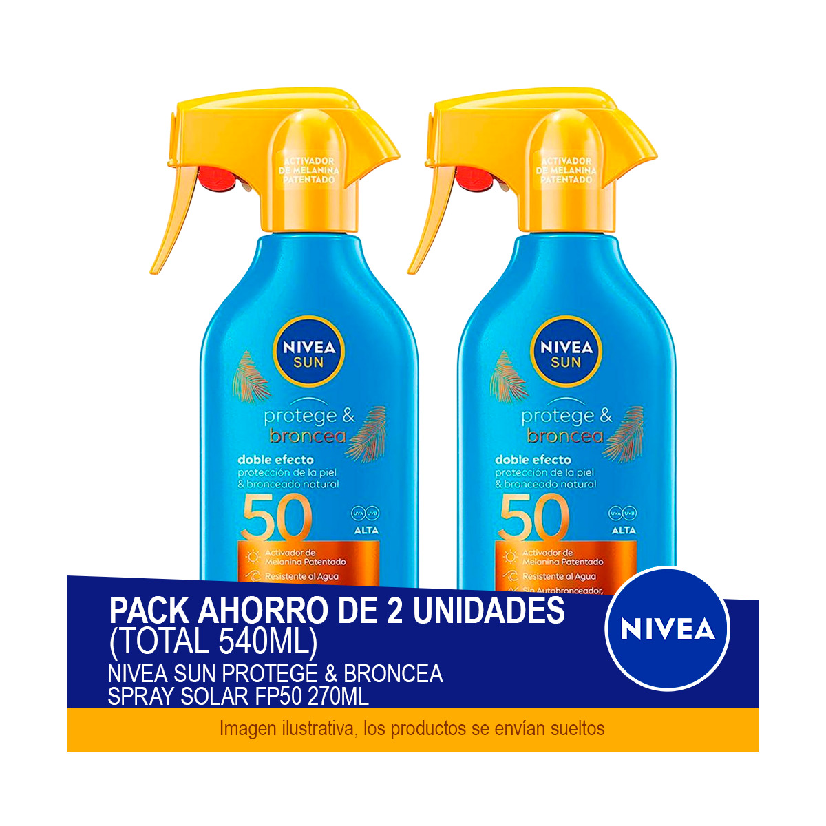 NIVEA SUN Protege & Broncea Spray Solar FP50 270ml - Pack ahorro de 2 unidades (total 540ml)