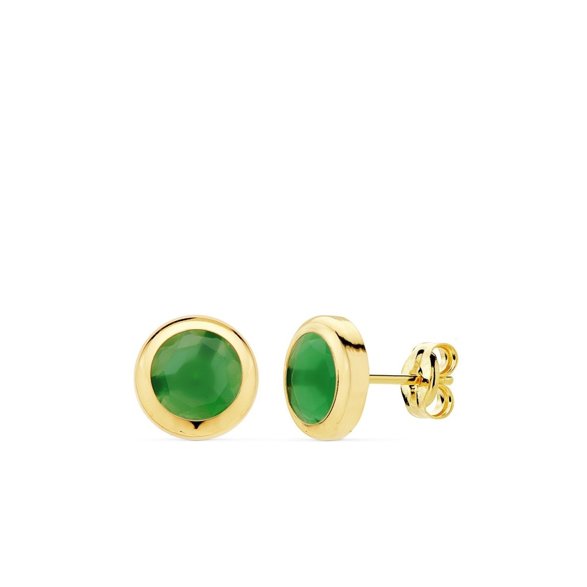Pendientes oro 18k chatón 8.5mm. piedra verde cierre presión mujer