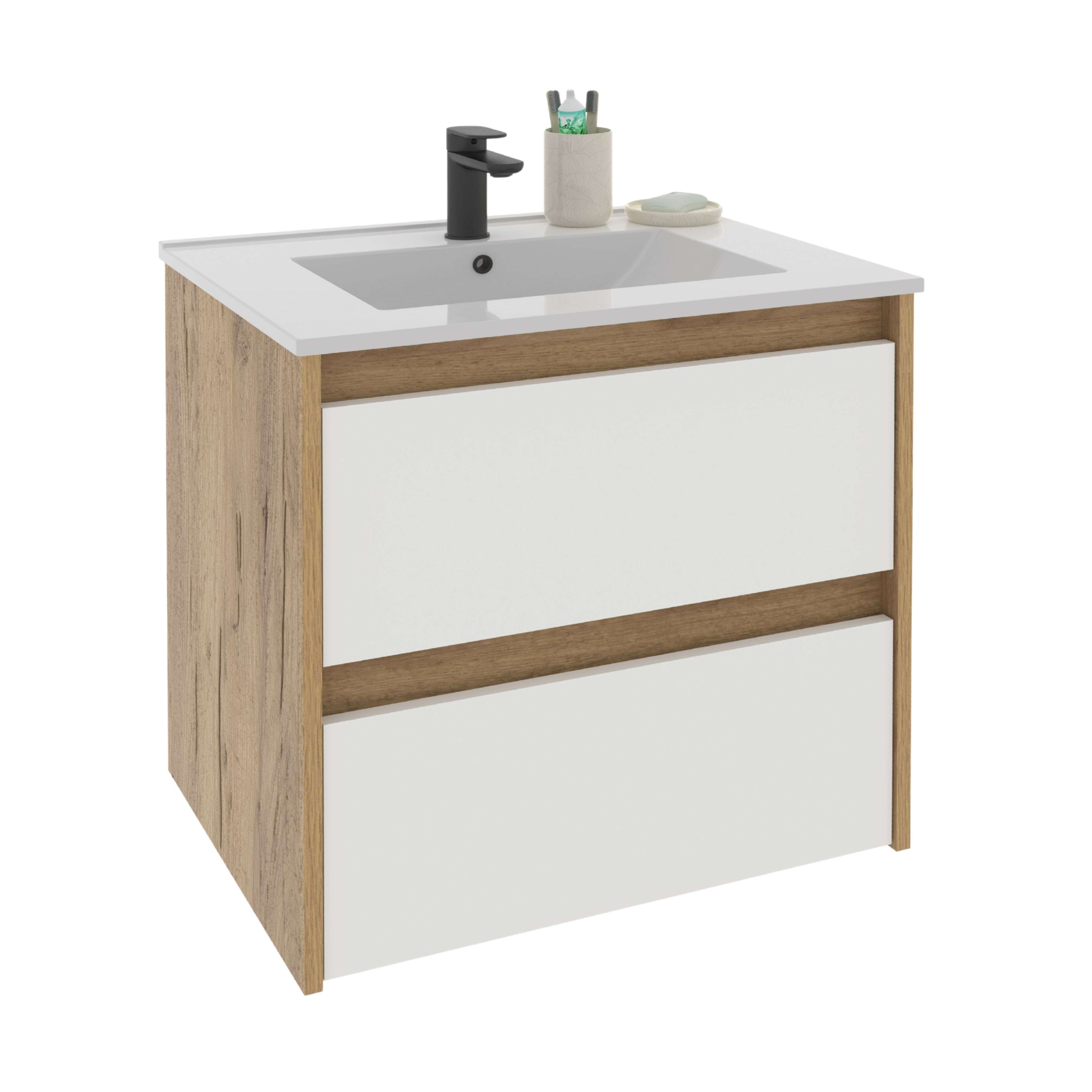 Miroytengo Mueble de Baño Suspendido 60 cm Nilo Blanco Mate y Roble Kraft 2 cajones 60x60x46 cm (Lavabo Cerámico)