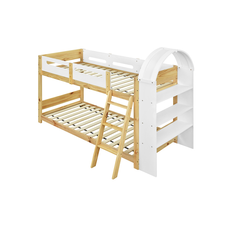 Lit superposé enfant 90 x 200 cm blanc et naturel avec étagère à trois niveaux, échelle et barrières de protection