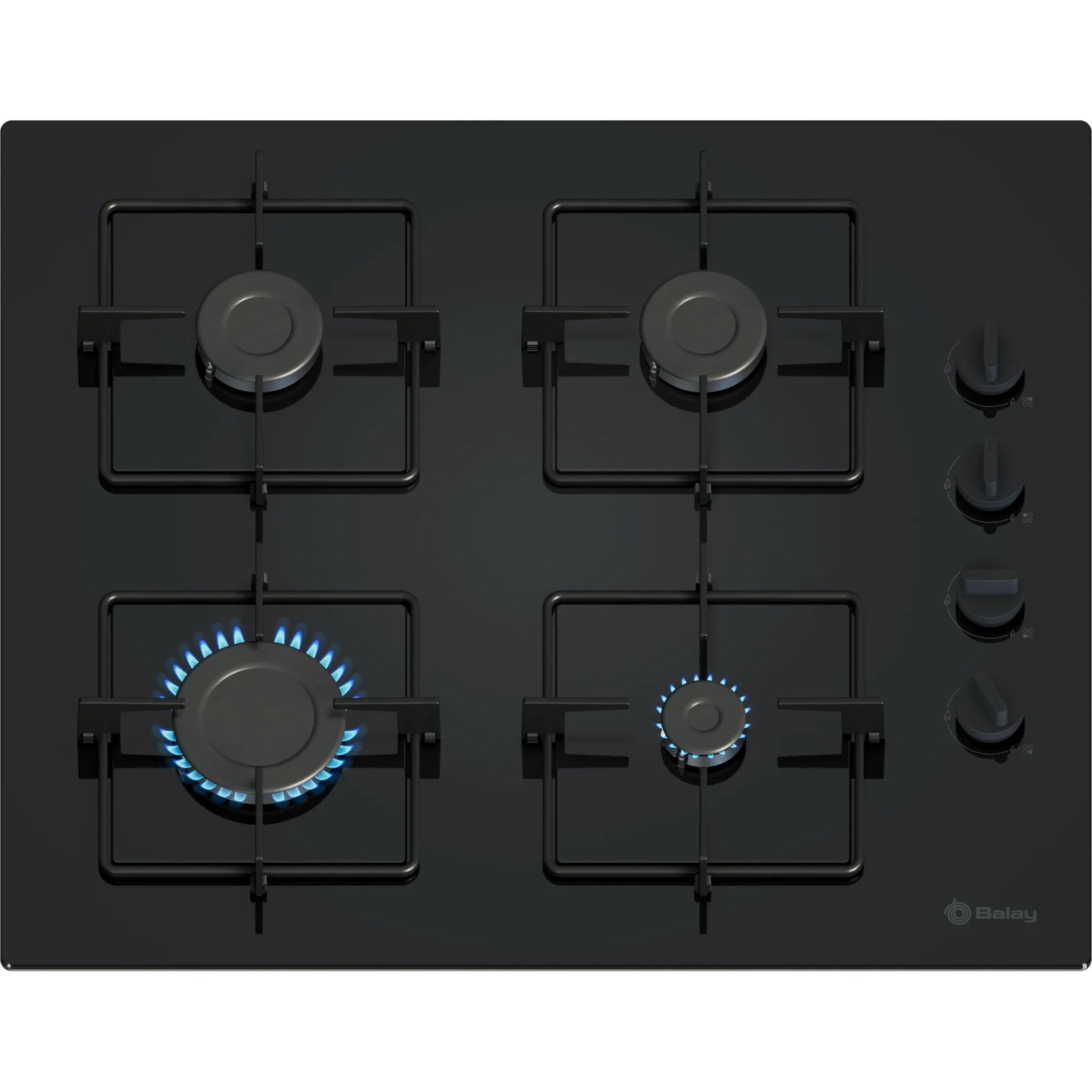 Placa a Gas 60cm BALAY 3ETG464SB  | 4 Zonas, Natural, Negro, Superficie Cristal templado, Encimera, Parrillas esmaltadas, Autoencendido, Mandos derecha, 1,75W