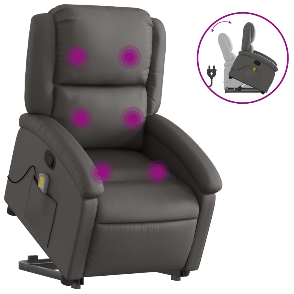 vidaXL Sillón reclinable de masaje elevable cuero auténtico gris