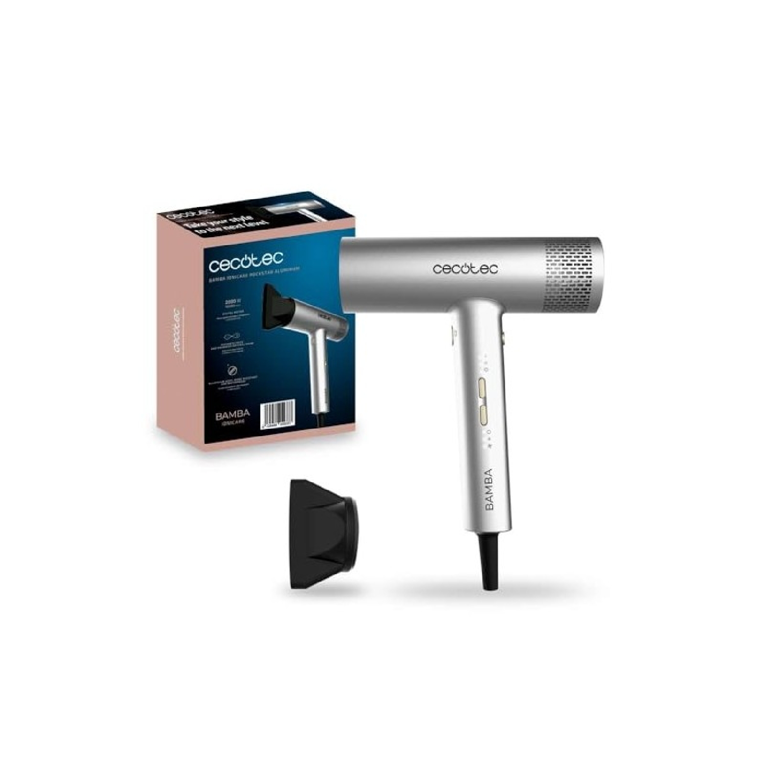 Cecotec Secador de Pelo con Motor Digital Bamba IoniCare RockStar Aluminum. 2000W, 105000rpm, Tecnología de Iones