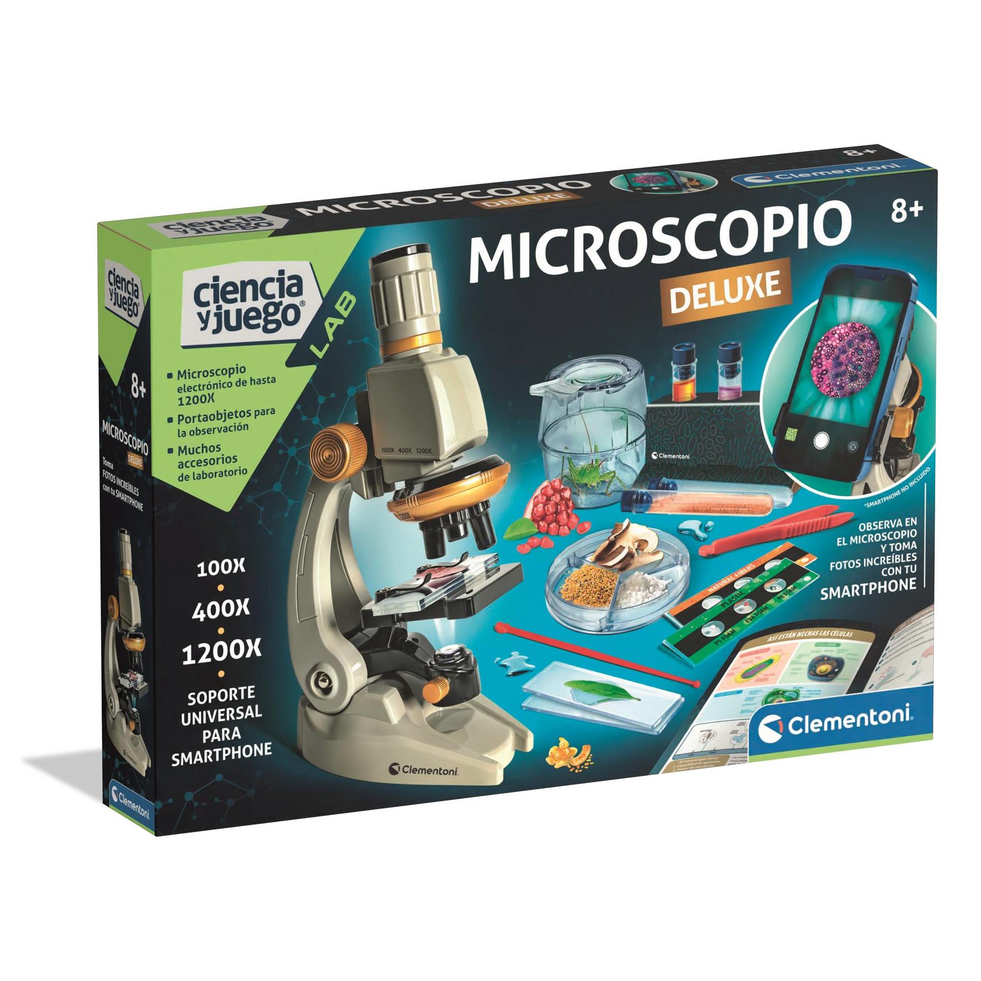 Clementoni - Microscopio Smart Deluxe de 1200x aumentos, Juguete científico, con muestras preparadas y cristales científicos, con soporte para móvil, a partir de 8 años, Juguete en español(55511)