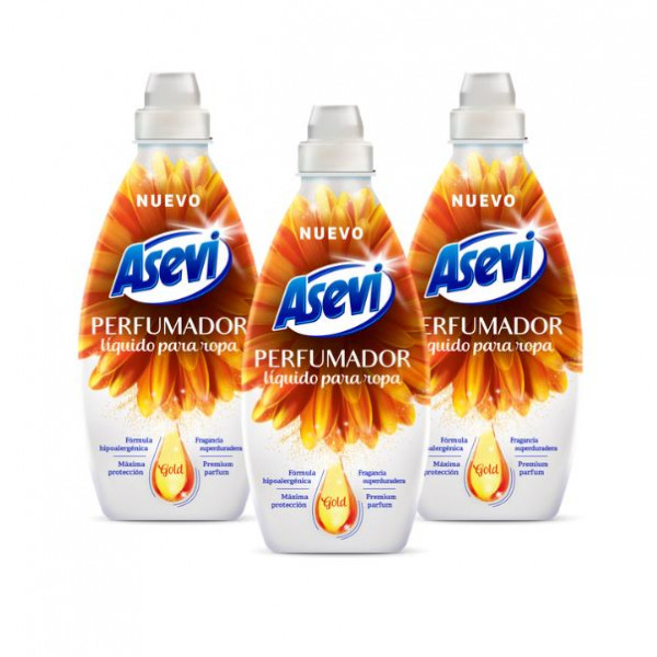 Asevi Perfumador Liquido Concentrado para Lavadora Gold, 720ml para 36 Lavados, Pack 3 uds, Perfume para la Ropa, Fragancia Intensa y Sofisticada con Olor Afrutado, Para Todo Tipo de Prendas, Formula Hipoalergenica, Dermatologicamente Testada