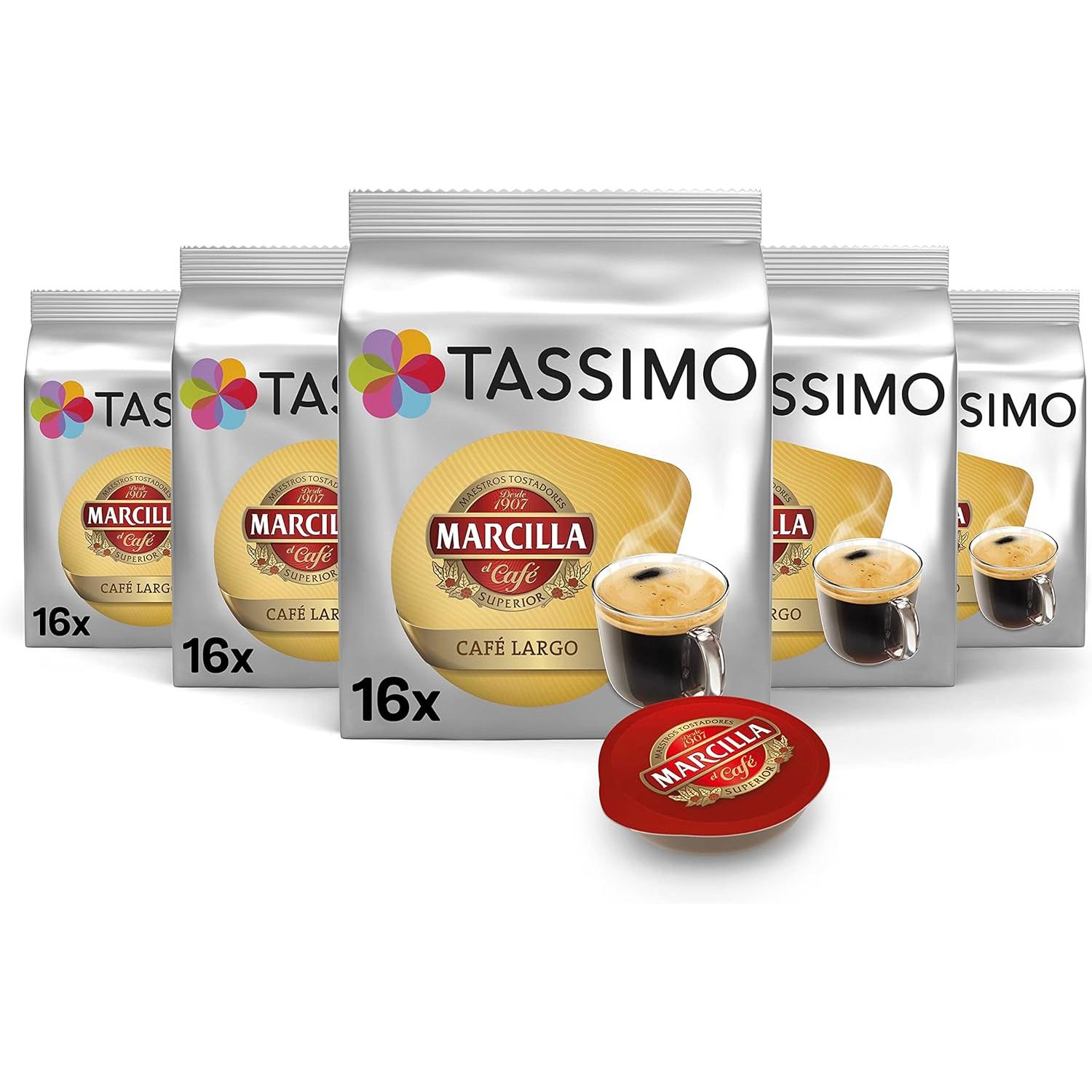 Capsulas TASSIMO Marcilla Café largo - PACK 5 paquetes de 16 capsulas , 80 capsulas de estupendo café largo