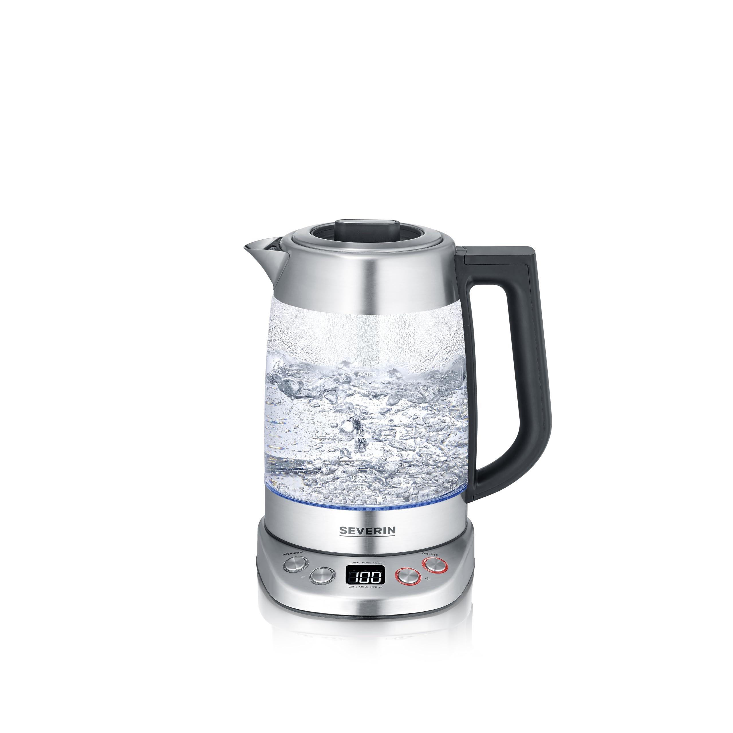 SEVERIN - Tetera y hervidor de vidrio deluxe con capacidad: 1,7 litros de agua, 1,5 litros de té, 3000 W Acero Inoxidable/Vidrio WK 3480