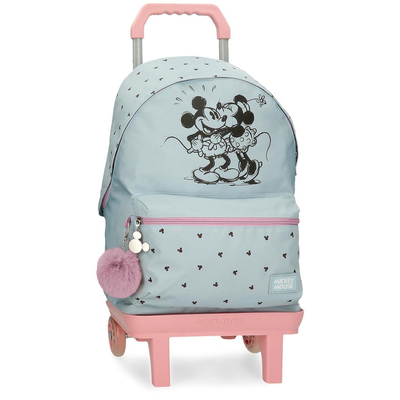 Mochila escolar con carro Disney Mickey y minnie kisses azul claro