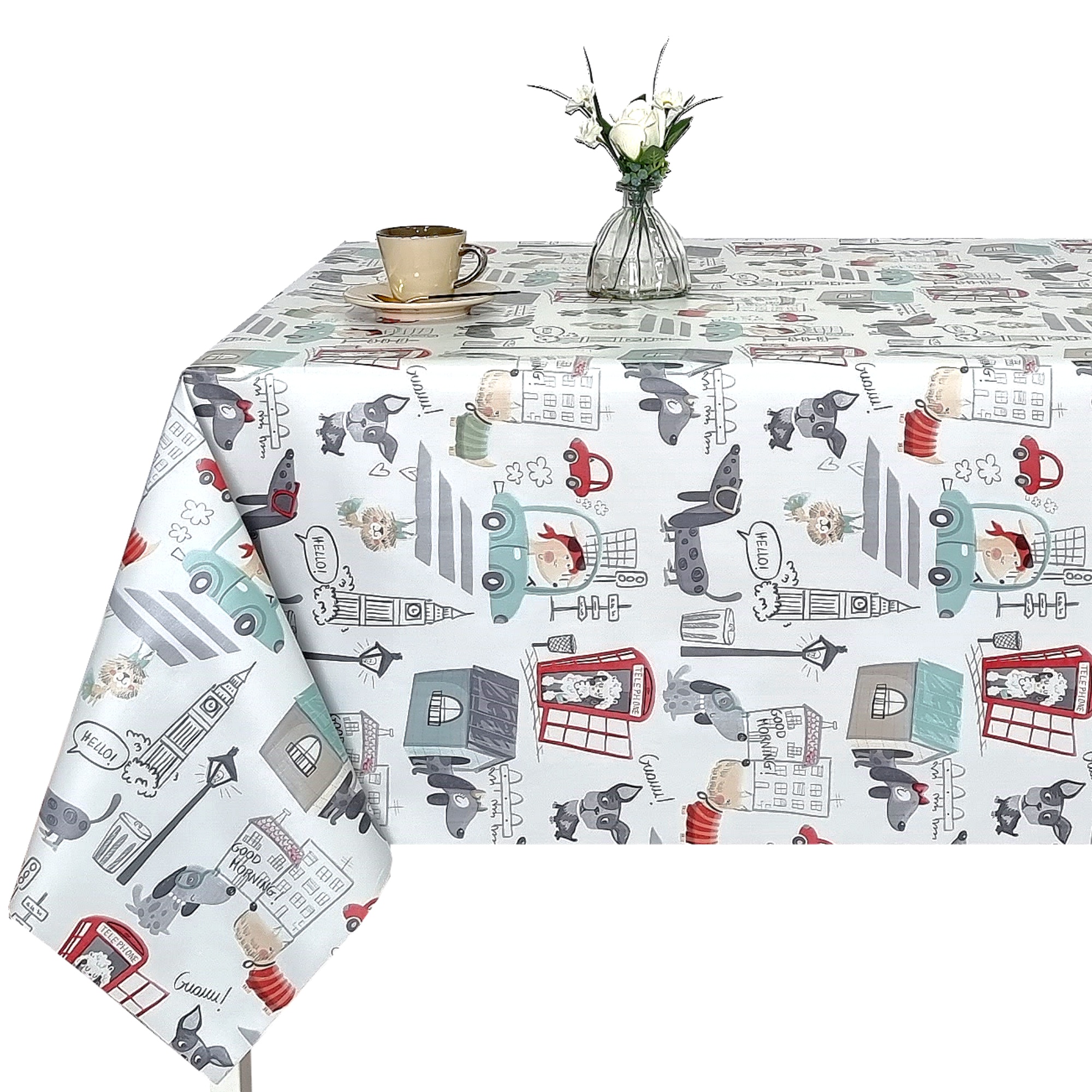 Mantel de hule PVC impermeable y antimanchas, diseño infantil con coches y perros, fácil de limpiar, para cocina, comedor y jardín