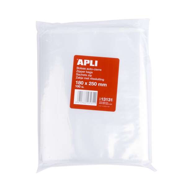 Apli pack de 100 bolsas de auto cierre 180 x 250 mm - cierre seguro - aptas para alimentos