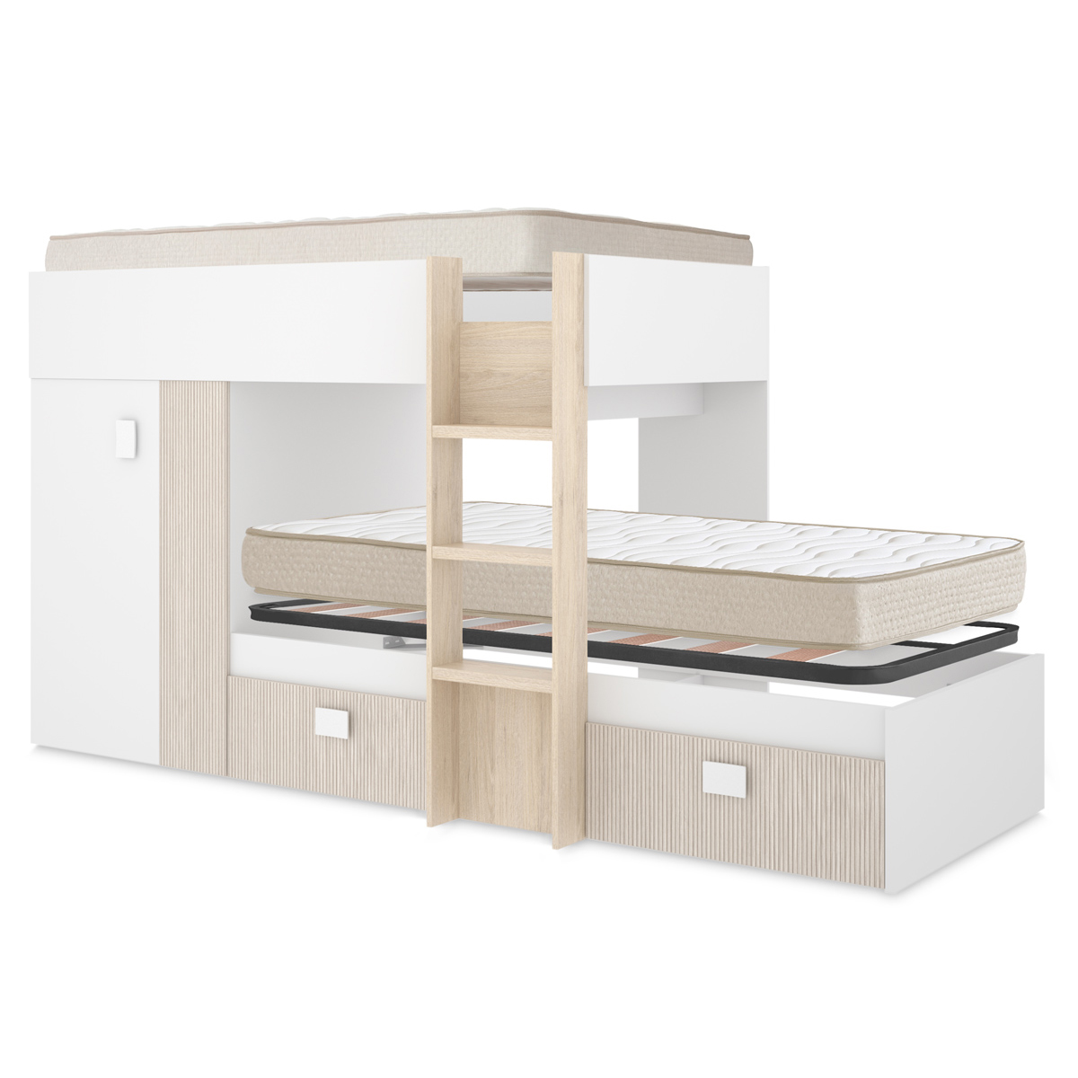 Pack ahorro juvenil Cama tren Groe, 1 Somier y 2 Colchones viscoelásticos Nova 90 x 190 cm | Subida a domicilio