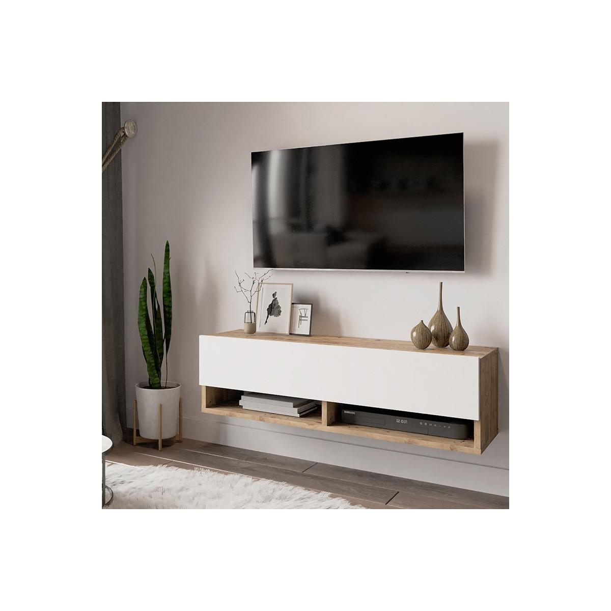 Meyvaser.com Ecommerce Company Mueble TV Moderno con 1 Puerta y Estantes en Melamina Color Cambria y Blanco - 100x31.5x29.6cm