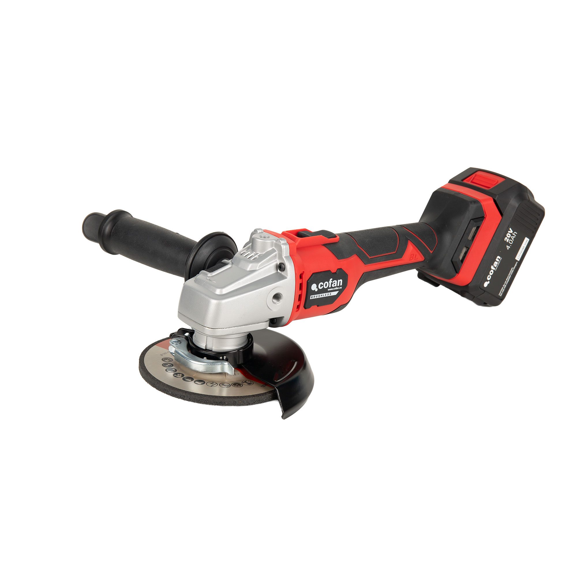 Amoladora a Batería Sin Escobillas Cofan | Velocidad Variable 2500-10000 Rpm | Interruptor de Seguridad | Mango 3 Posiciones | Maletín, Batería y Accesorios Incluidos