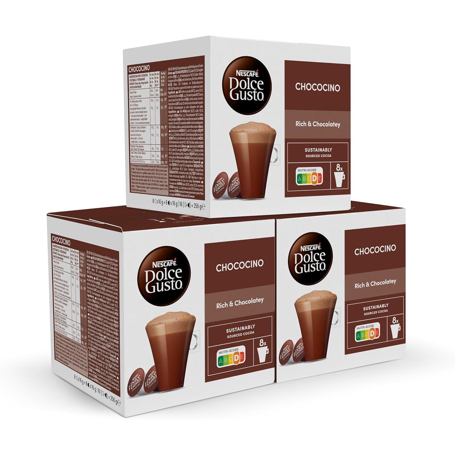 NESCAFÉ Dolce Gusto Chococino - Cápsulas de Café, 48 Cápsulas (3x16) - 24 Tazas de Café (2 cáps. por taza) - Bebida chocolateada - Originales para cafeteras Dolce Gusto