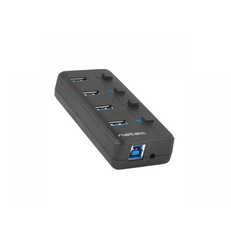 Natec concentrador USB 3.0 Mantis2, 4 puertos On/Off con adaptador AC, Negro