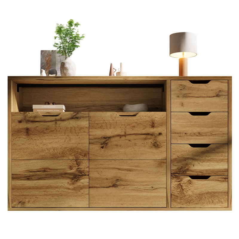 Buffet effet chêne 150 cm avec quatre tiroirs, deux portes, niche ouverte et structure en métal noir