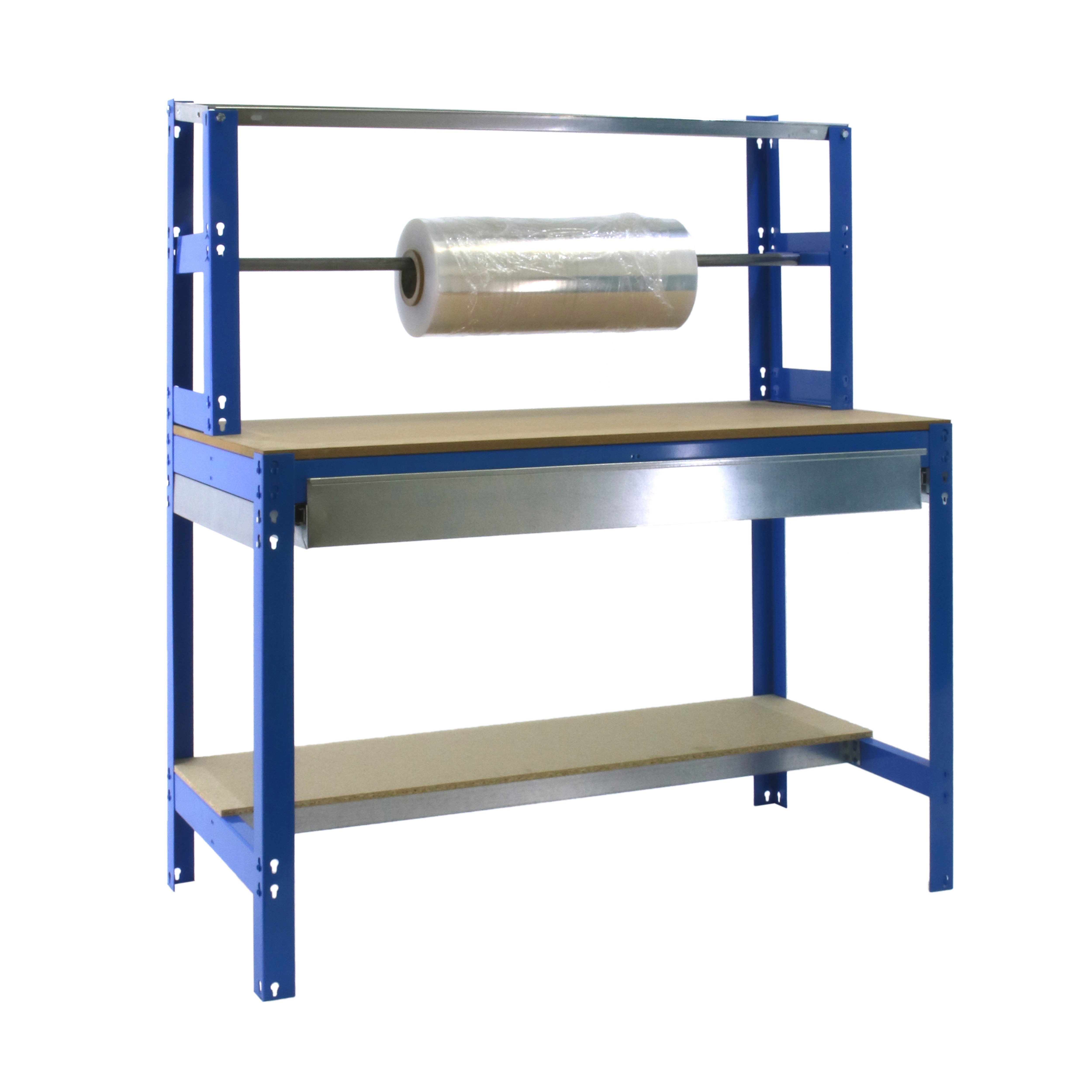 SimonRack Banco de Trabajo Taller, Capacidad Carga 600 kg, 1445x1210x760 mm, Mesa de Trabajo, 1 Cajón, Azul/Madera - BT4