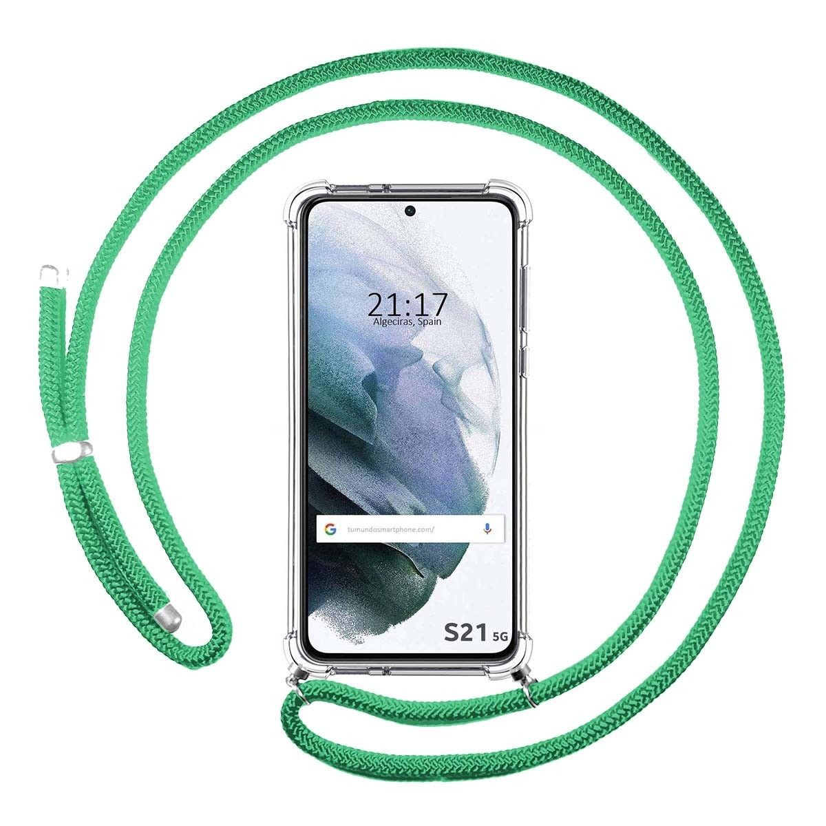 Tumundosmartphone Funda Colgante Transparente para Samsung Galaxy S21 5G con Cordon Verde Agua