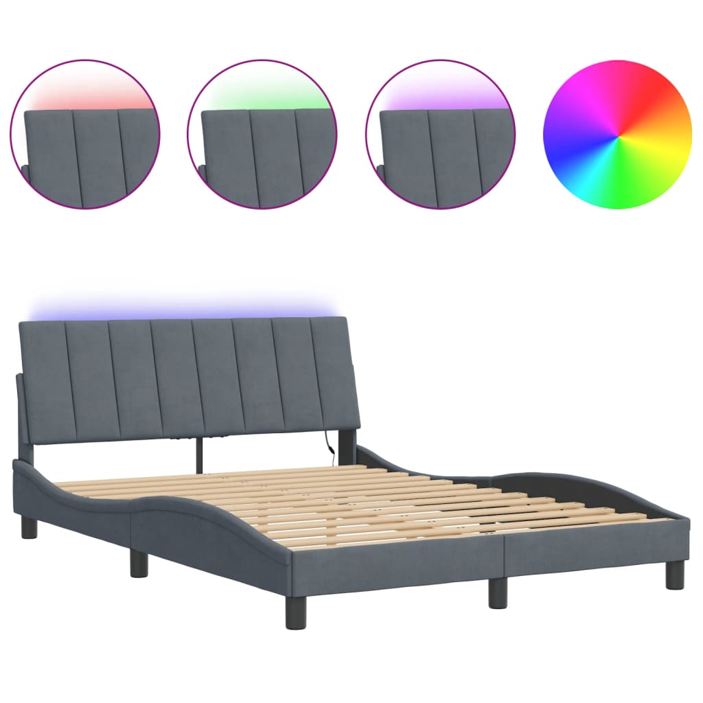 vidaXL Estructura de cama luces LED terciopelo gris oscuro 140x190 cm