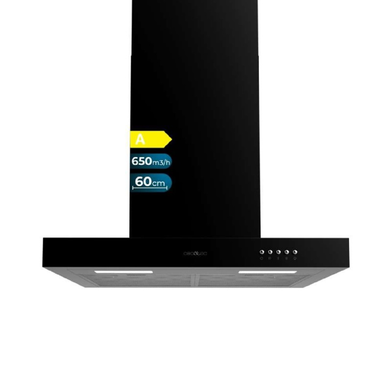 Cecotec Campana Extractora 60 cm Tipo T Bolero Flux TM 606500 Black A. Motor 165W, Acabado en Negro, Succión 650m3/h