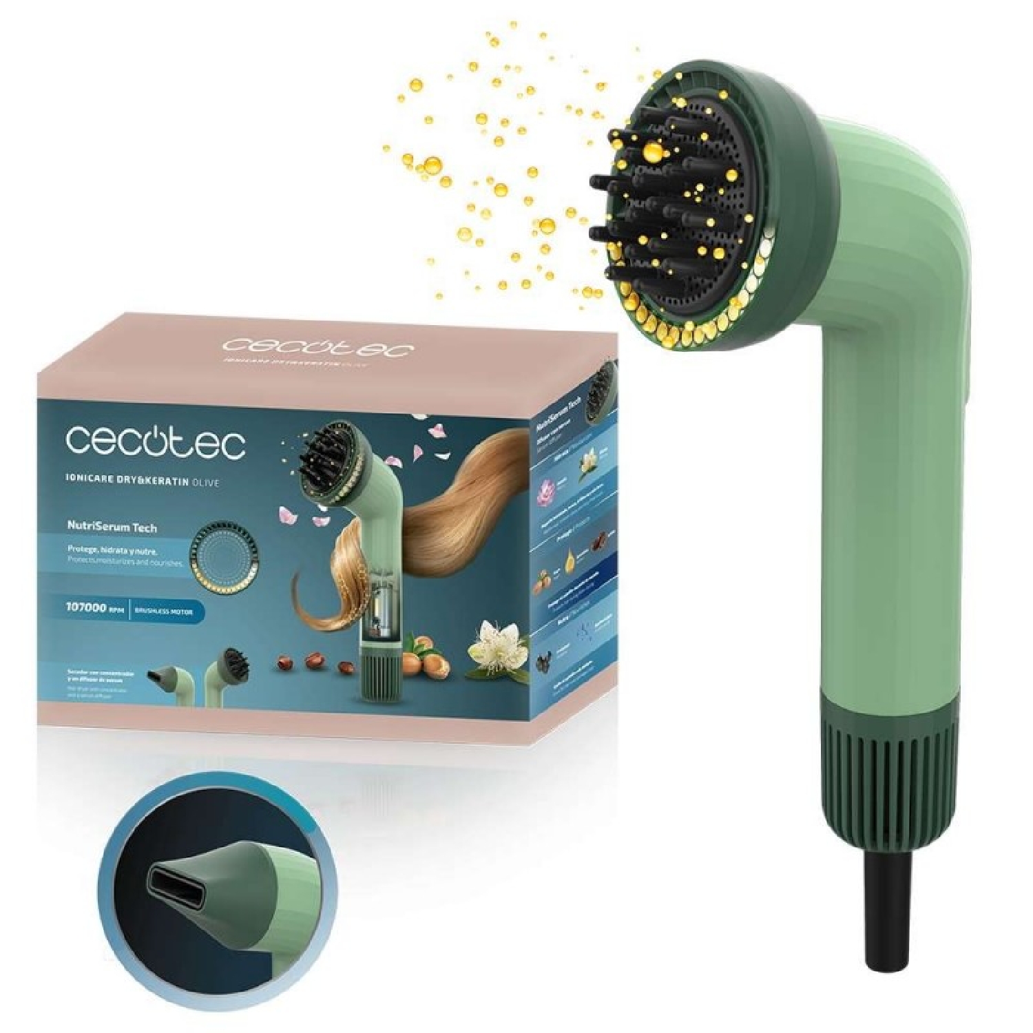 Cecotec Secador de Pelo Compacto IoniCare Dry&Keratin Olive. 1200W, 107000RPM, Motor Brushless, Función Iónica