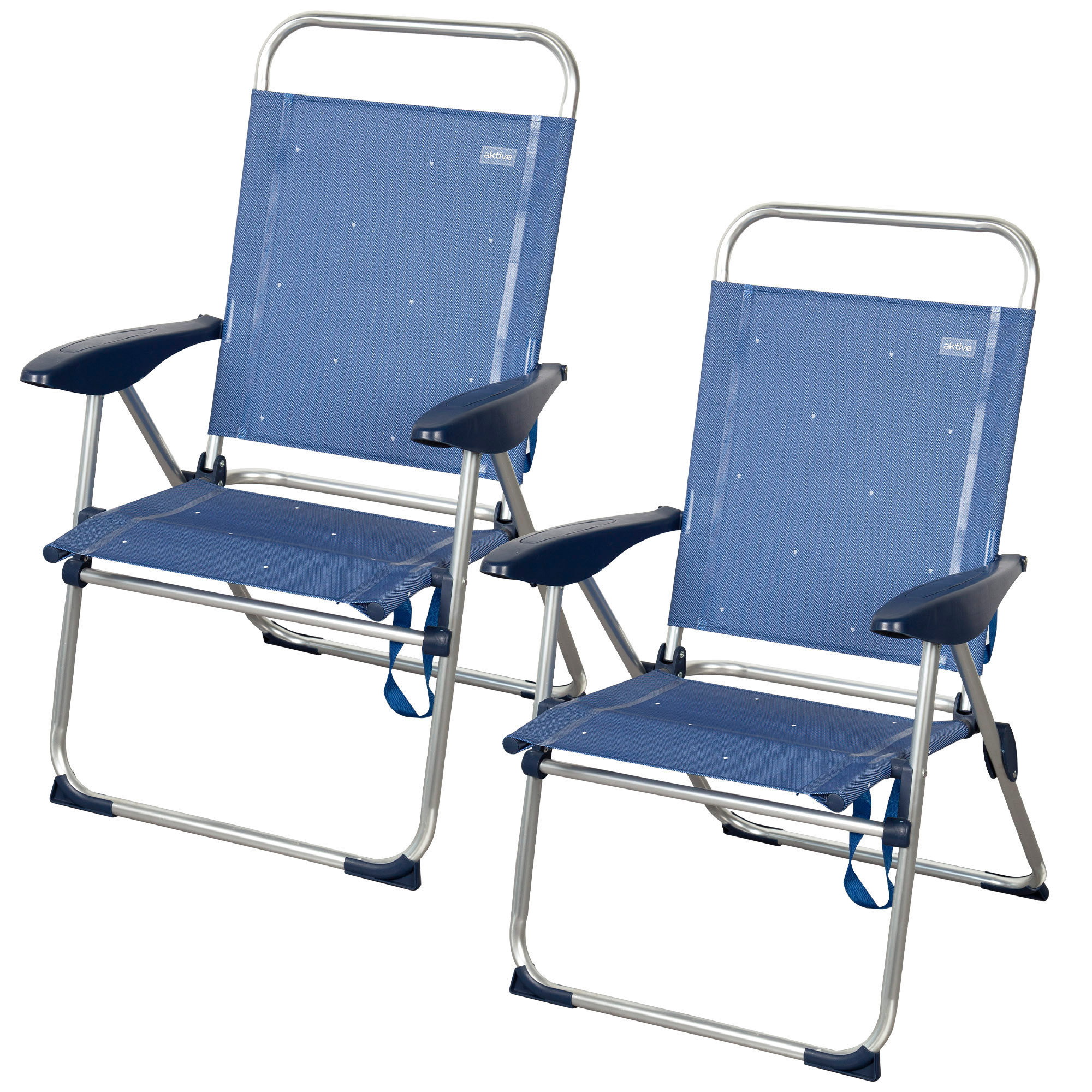 Aktive - Pack 2 sillas de playa plegables, 65x60x38/96 cm, aluminio y textileno, 4 posiciones, respaldo reclinable, antivuelco, color azul, modelo La Palma