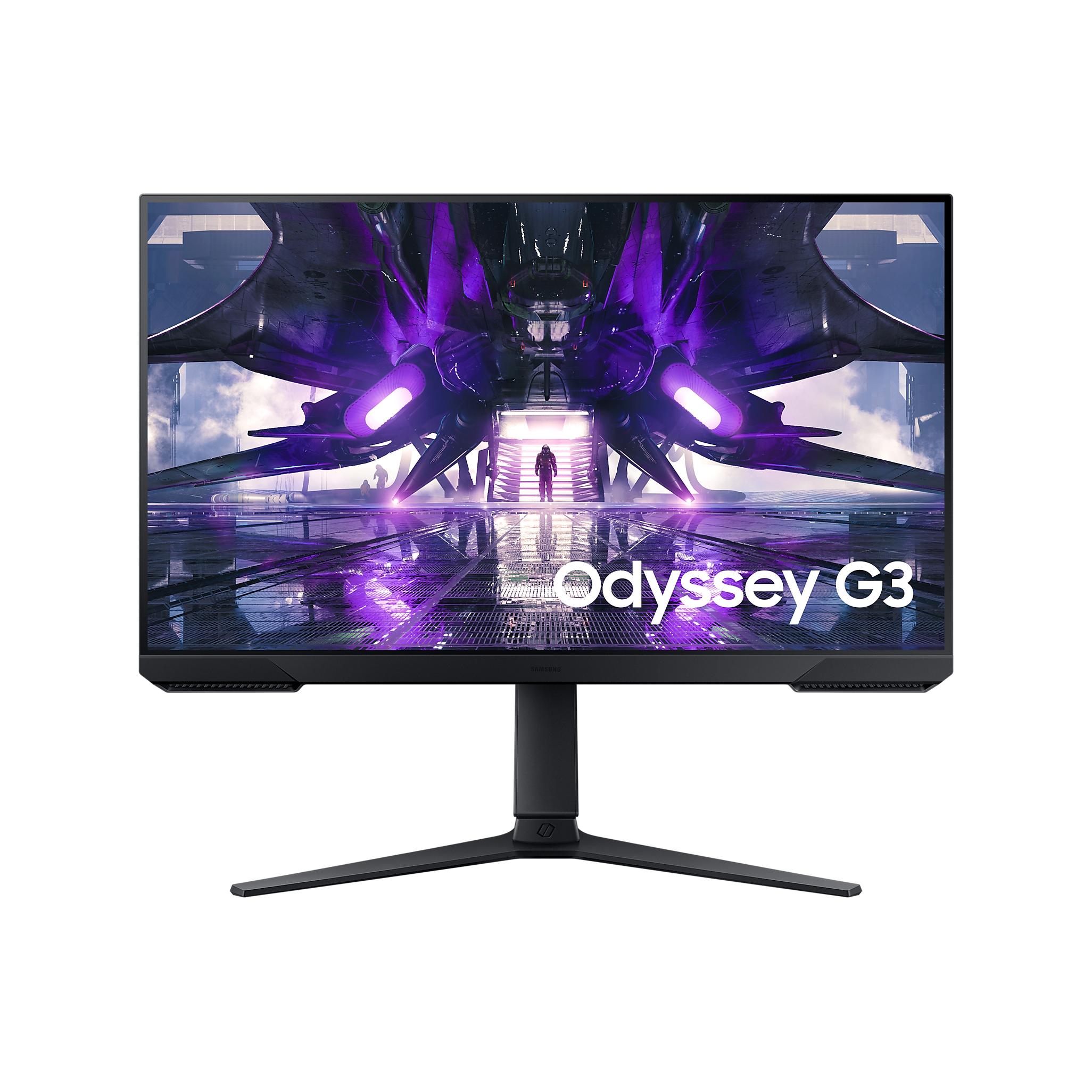 Samsung G3A 27" PC Monitor, gaming display with 1920 x 1080 resolution, VA panel, 144 Hz refresh rate, 1 ms response time, Flicker Free technology, HDMI, and AMD FreeSync for smooth gameplay in a sleek black finish.