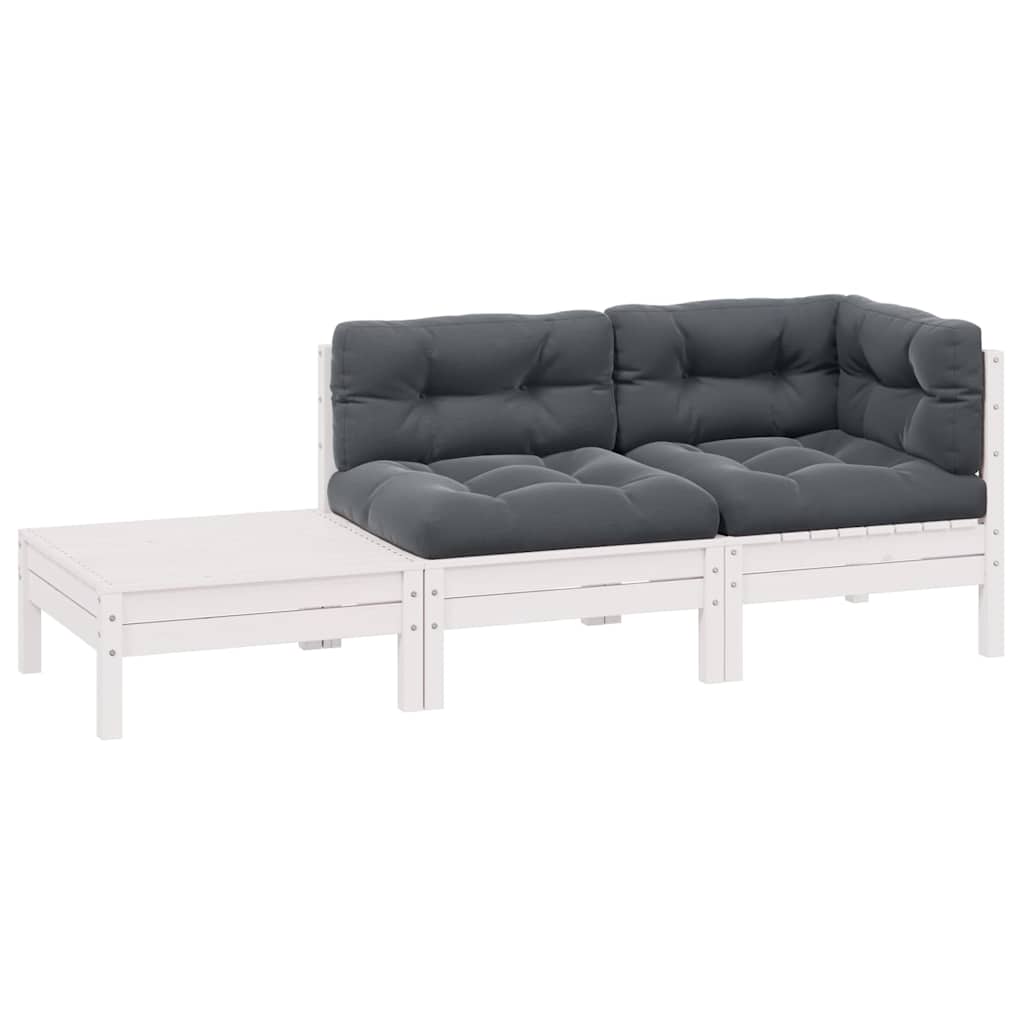 vidaXL Juego de muebles de jardín 3 pzas y cojines blanco madera pino