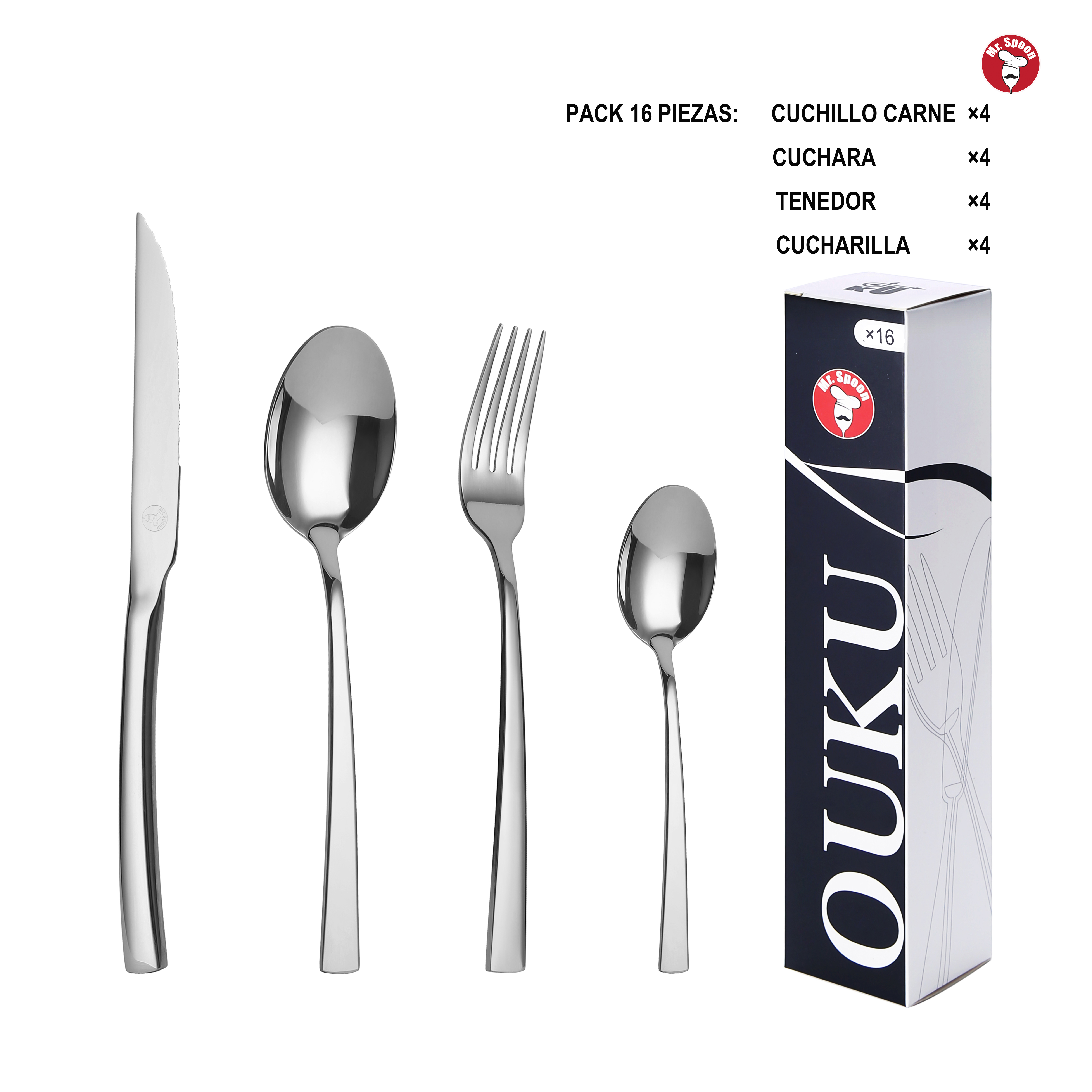 Mr.Spoon Serie Montaña Juego 16, 24 o 48 piezas cubiertos,Acero Inoxidable 18/0,Económico y funcional,Incluye cuchillo de carne o mesa,tenedor,cuchara,cucharilla,Mango monobloque, Apto para lavavajillas,Empaque ecológico,Ideal para casa,hotel,restaurante