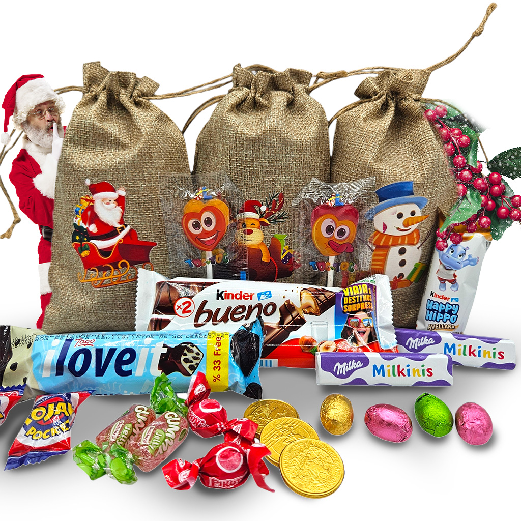 Bolsas Chocolate Navidad - Kinder Bueno - Kit Kat - Happy Hippo +15 Chocolatinas - Ideal para Colgar Regalar en Navidad. Pack Chocolates y Chuches Navidad