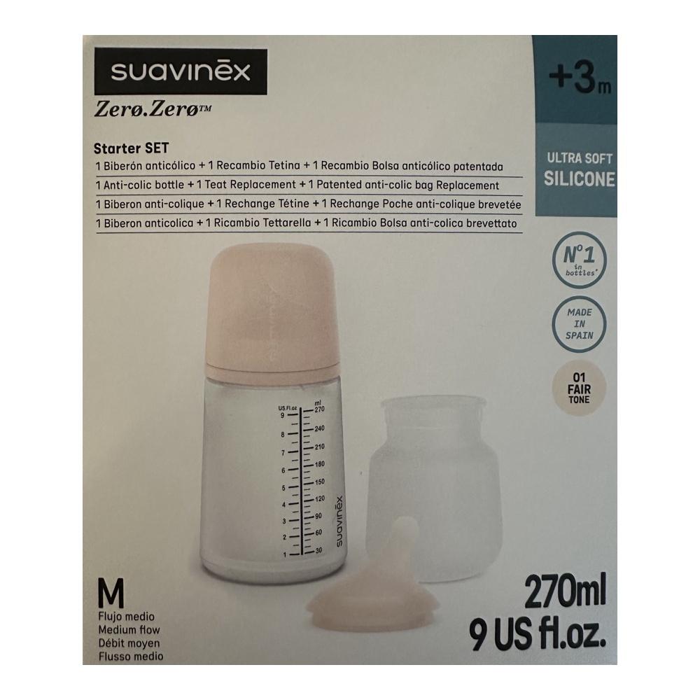 Suavinex Set Biberón Anticólicos Zero.Zero 270ml, +3M, flujo Medio (M), con Tetina y Bolsa de Recambio, Silicona Ultra Soft , color Fair.