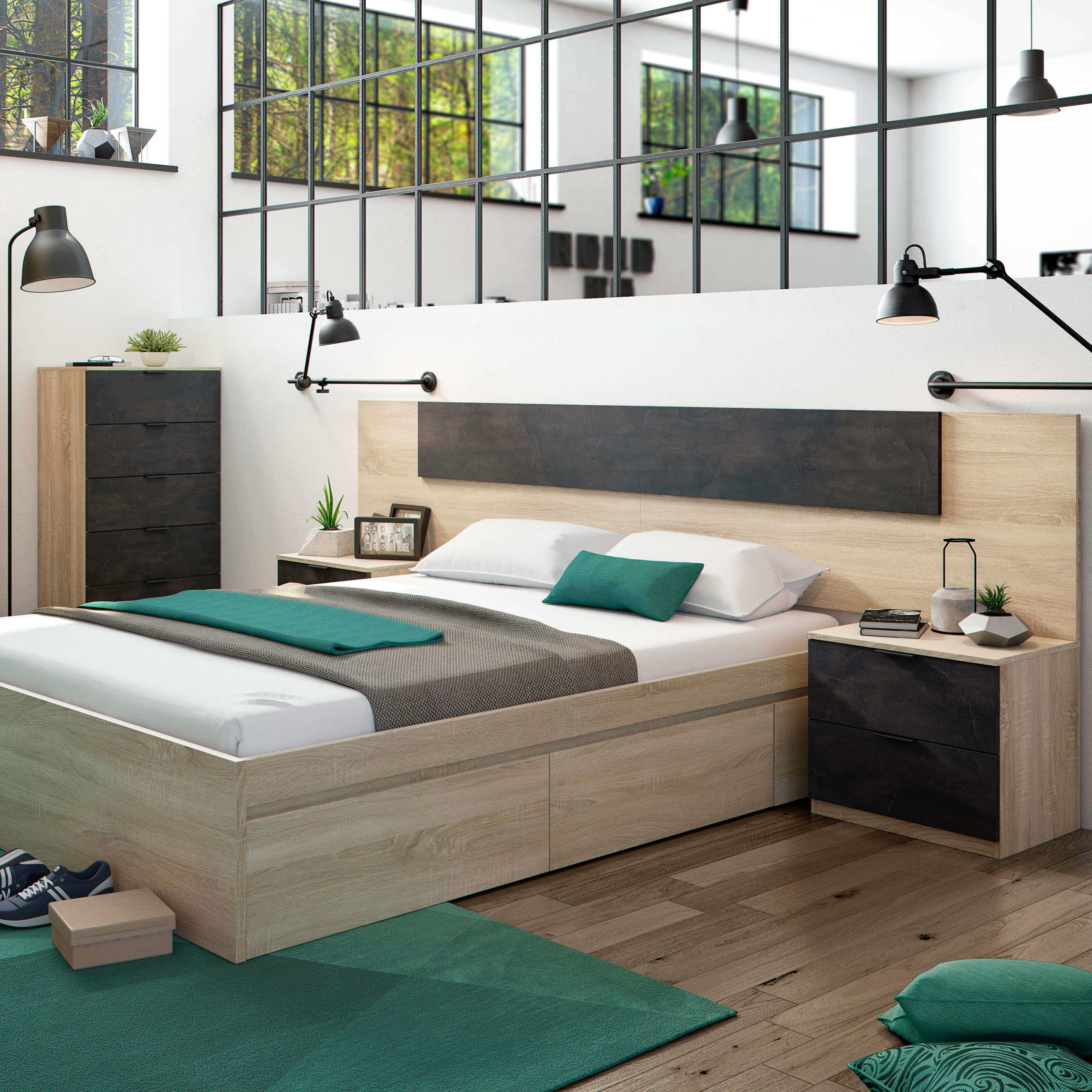 Miroytengo Pack de Dormitorio Andy Estilo Industrial en Color Roble Canadian y Óxido Cama + Cabecero con Mesitas + Cómoda  (Armario Opcional)