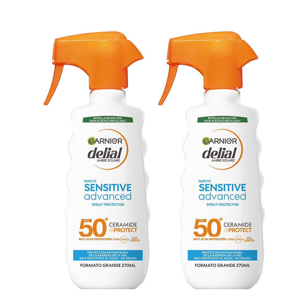 GARNIER | Delial Spray Protector Sensitive Advanced Adultos crema solar para pieles claras_ sensibles e intolerantes al sol IP50+. Muy resistente al agua_ 0% graso_ 0% pegajoso  - 2x270ML