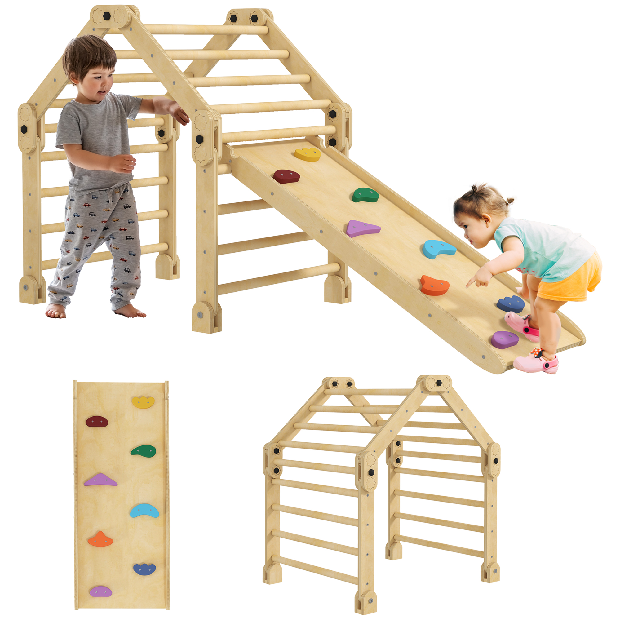 AIYAPLAY 3 en 1 Escalada para Niños Montessori Marco de Escalada Plegable para Niños de 18-48 Meses con Rampa para Deslizarse o Escalar 175x70x89 cm Multicolor