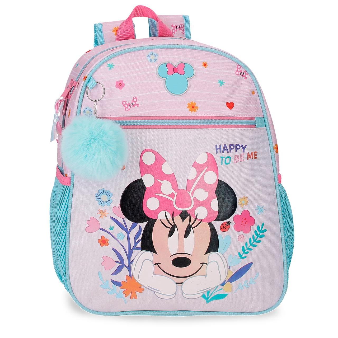 Mochila escolar adaptable a carro Disney Minnie happy to be me rosa