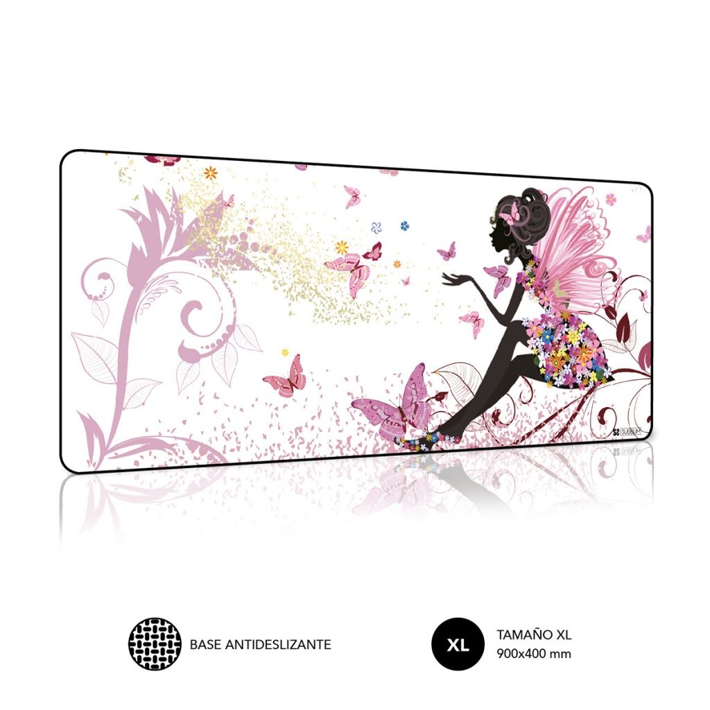Subblim - Alfombrilla para ratón y teclado HD XL SUBMP-01PUW05 de 900x400 mm con diseño de hadas y mariposas, base antideslizante y bordes cosidos
