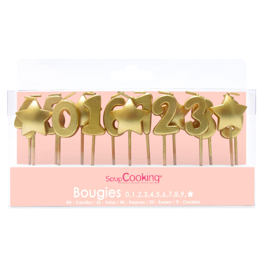SET VELAS CUMPLEAÑOS SCRAPCOOKING - DORADAS | Incluye 15 Velas con 10 Números y Estrellas