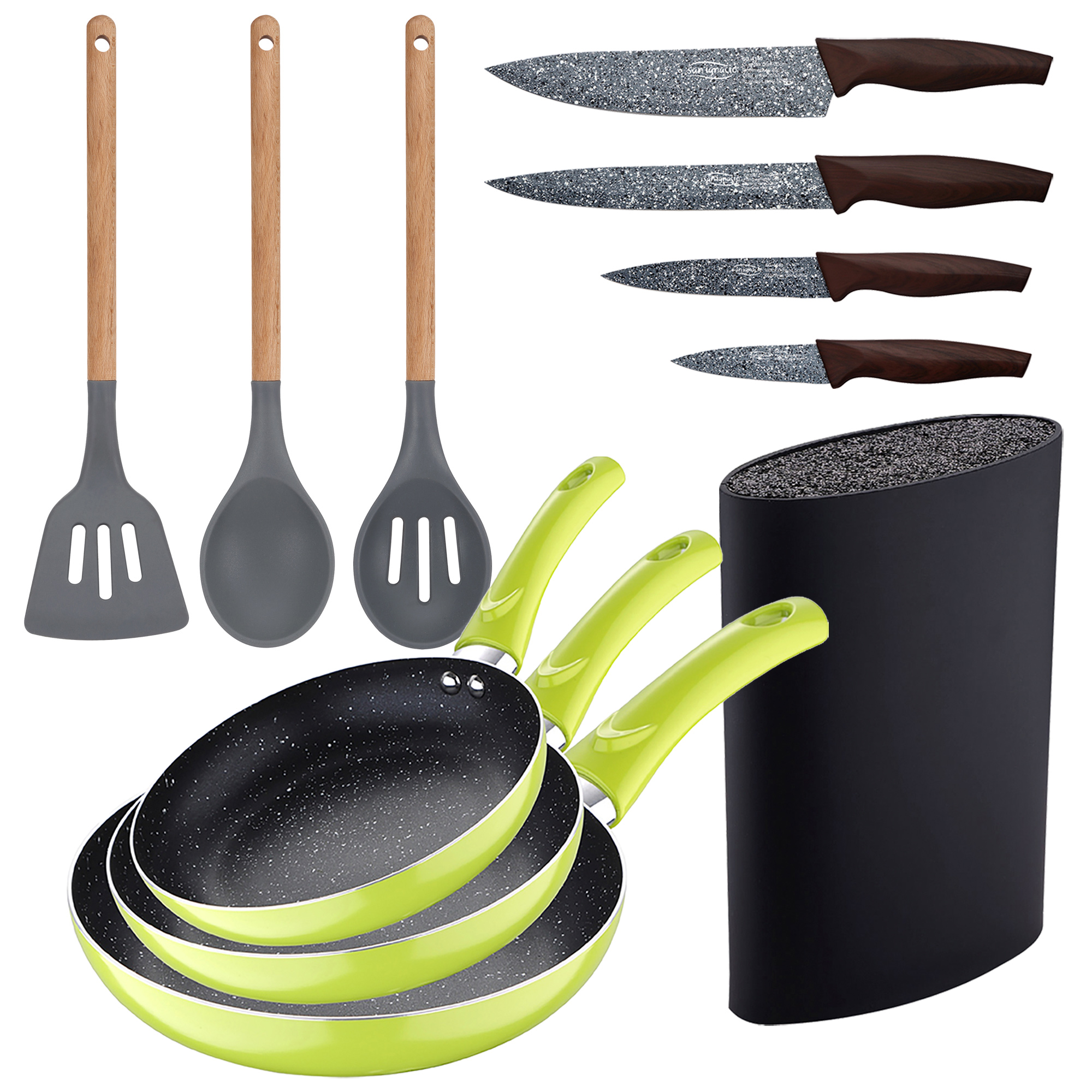 San Ignacio Set 3pc Sartenes Aluminio Prensado Verde + Utensilios Silicona Madera + Cuchillos Acero Inoxidable + Tacoma