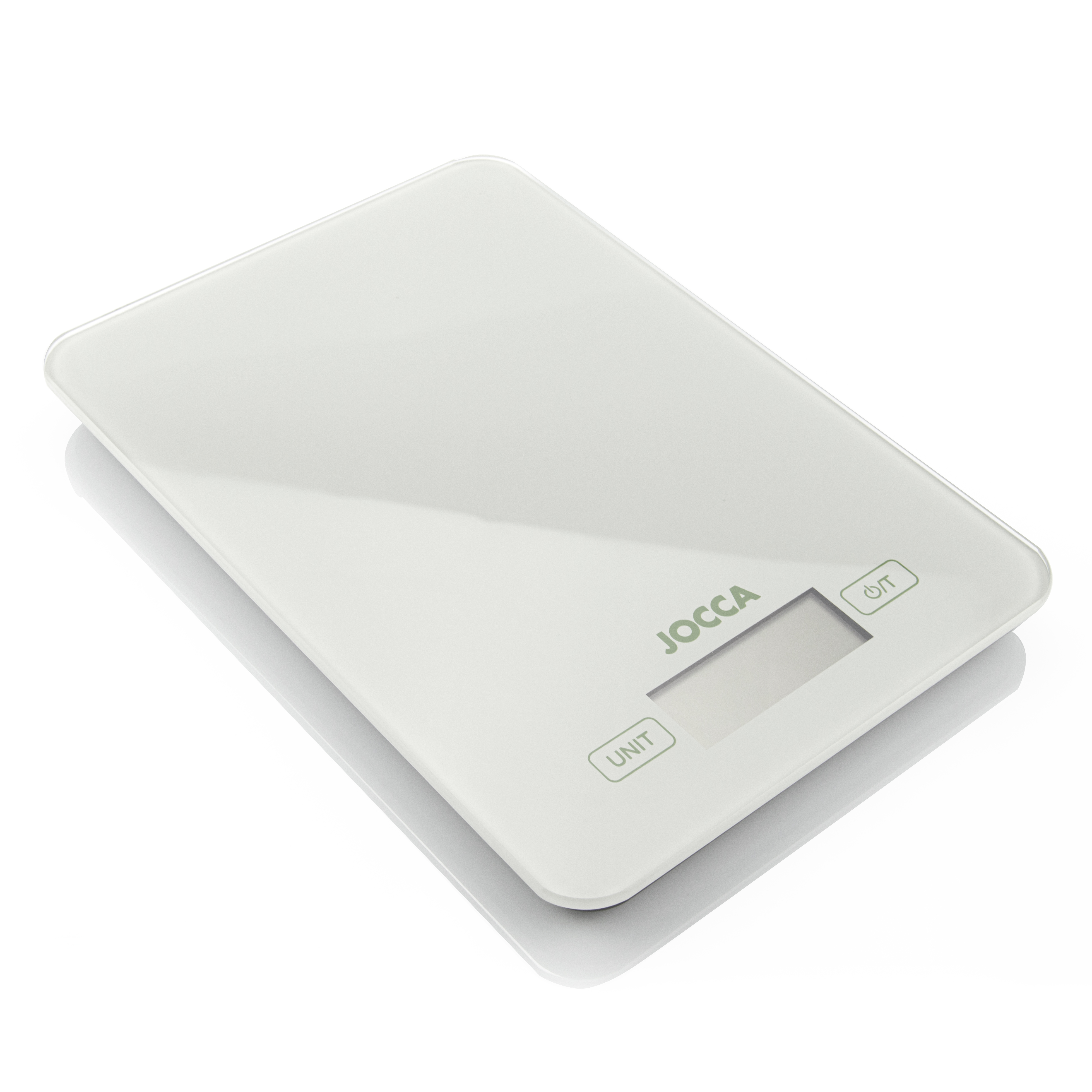 Bascula de cocina blanca y verde de la marca Jocca para pesar hasta 5000gr o 5kg o 11lb o 176.37oz, con pantalla LCD de fácil lectura y función TARA