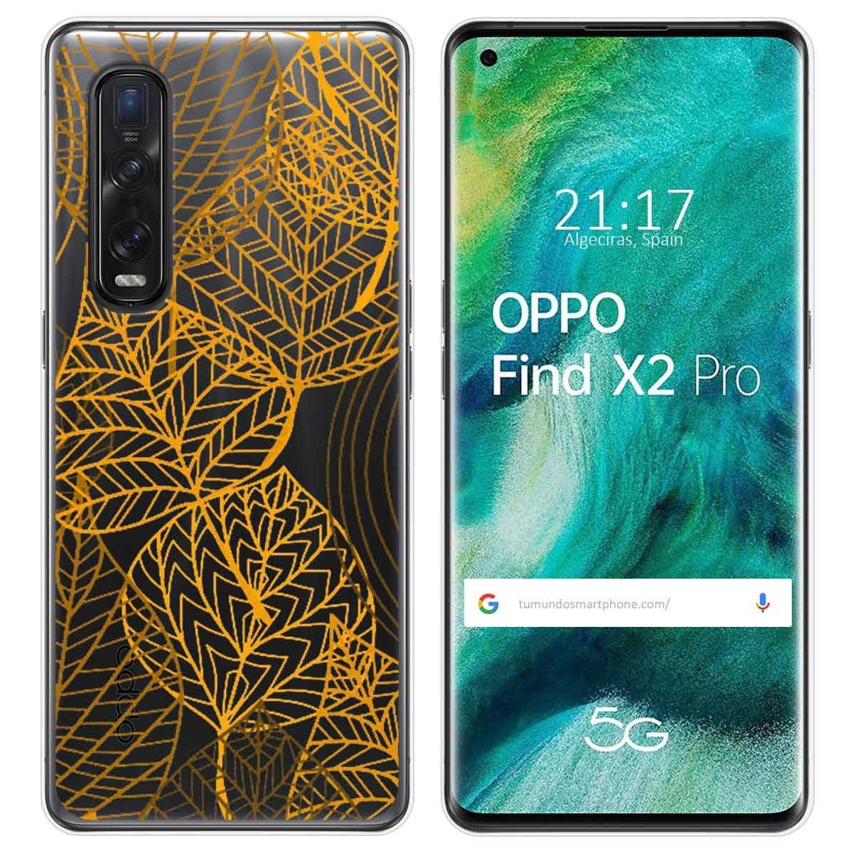 Tumundosmartphone Funda Gel Transparente para Oppo Find X2 Pro diseño Hojas Dibujos