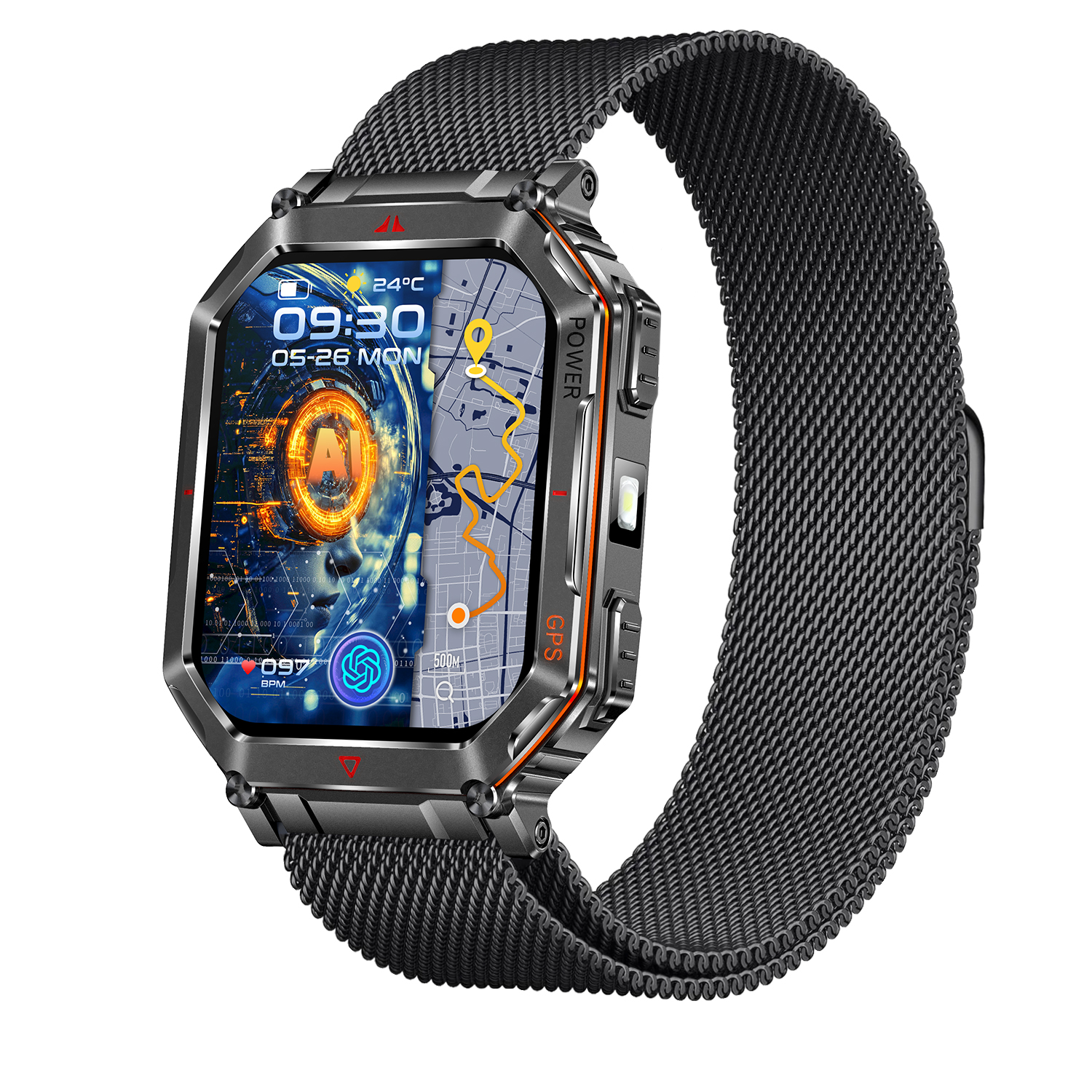 DAM Smartwatch KR92 con llamadas BT, GPS, herramientas de exploración, monitor cardiaco, ChatGPT y + de 100 modos deportivos. 4,3x1,3x5,9 Cm.