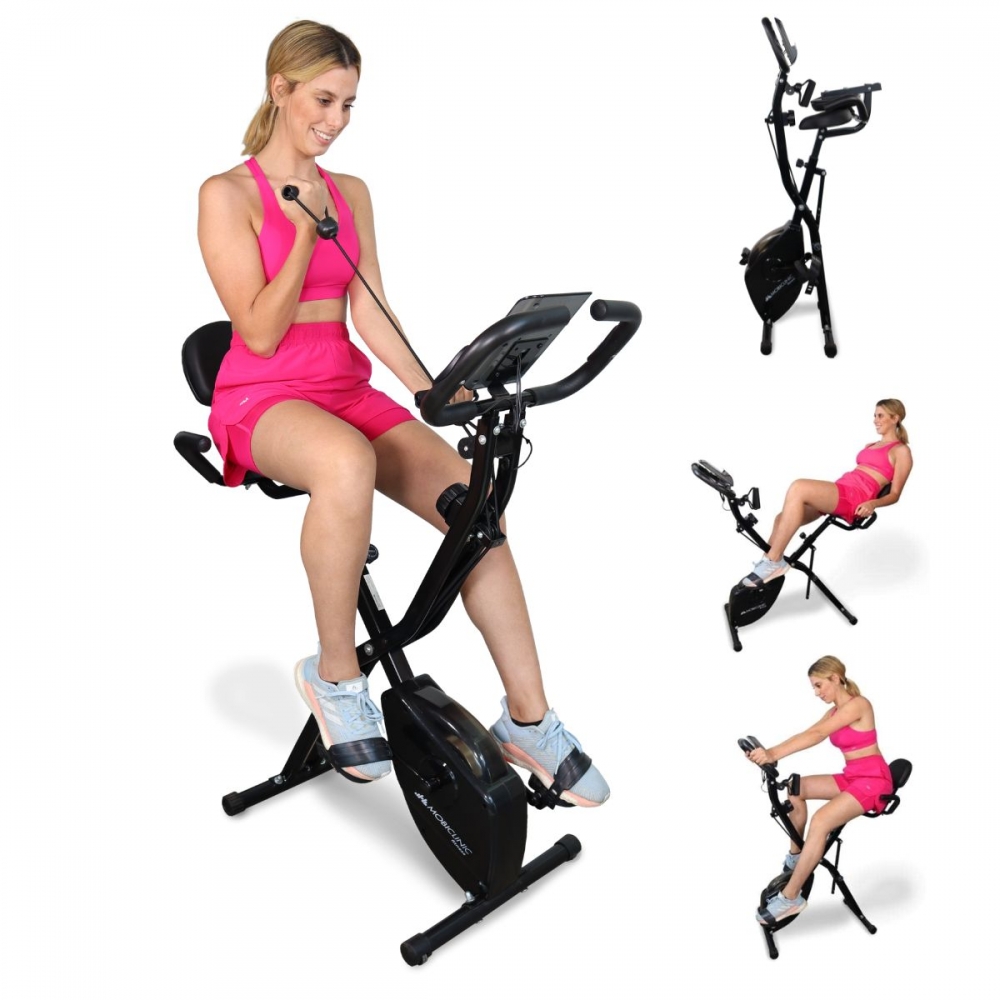Bicicleta estática plegable + Cintas de resistencia 2 en 1 Mobiclinic® Everest 8 niveles Hasta 120Kg Pantalla LCD Medidor de pulso Asiento regulable Rueda de 25Kg Trainer X-Bike