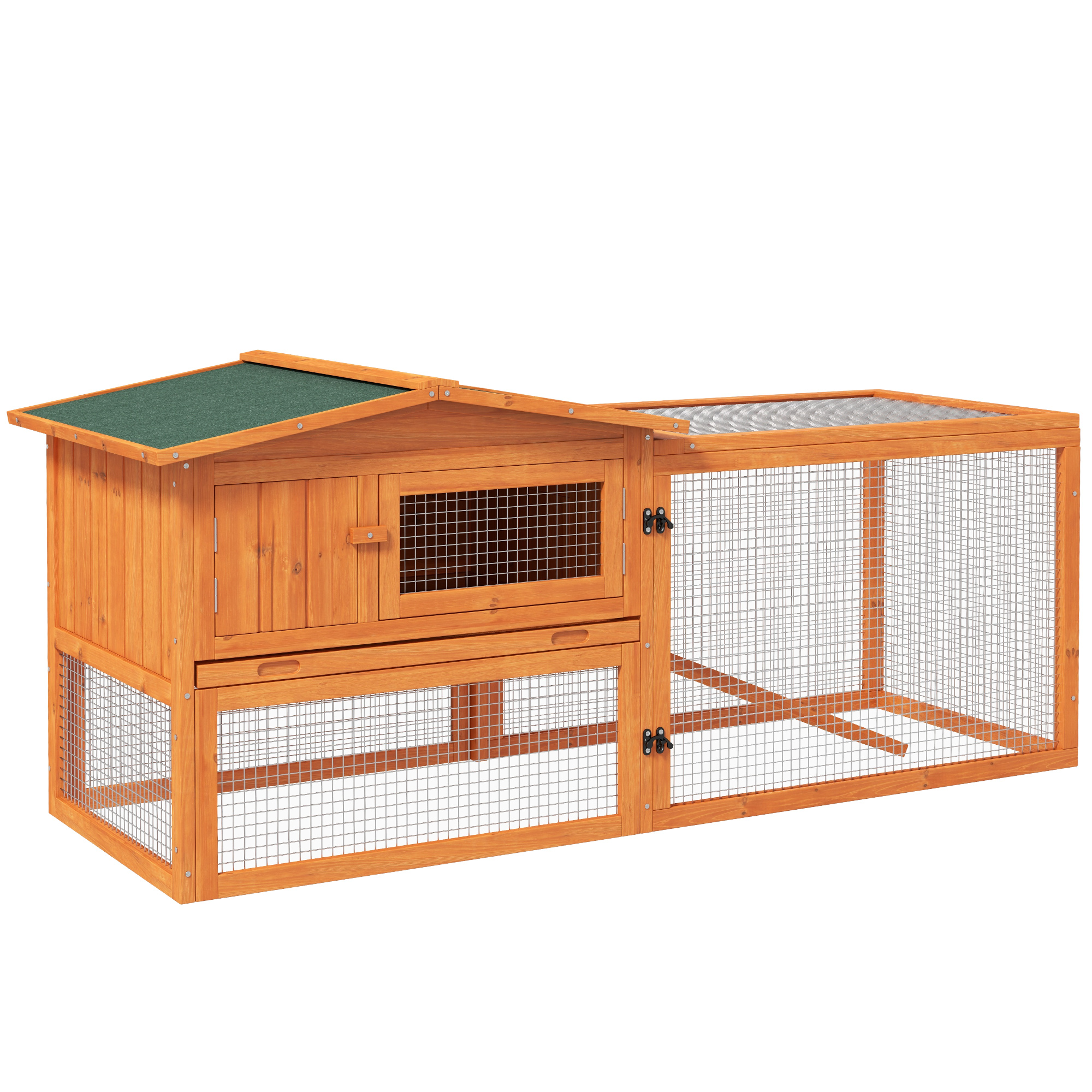 PawHut Conejera de Madera Exterior Jaula para Conejos de 2 Niveles 156x58x68 cm con Techo Asfáltico 2 Corrales de Metal Bandeja Extraíble 2 Puertas Ventana y Rampa Natural