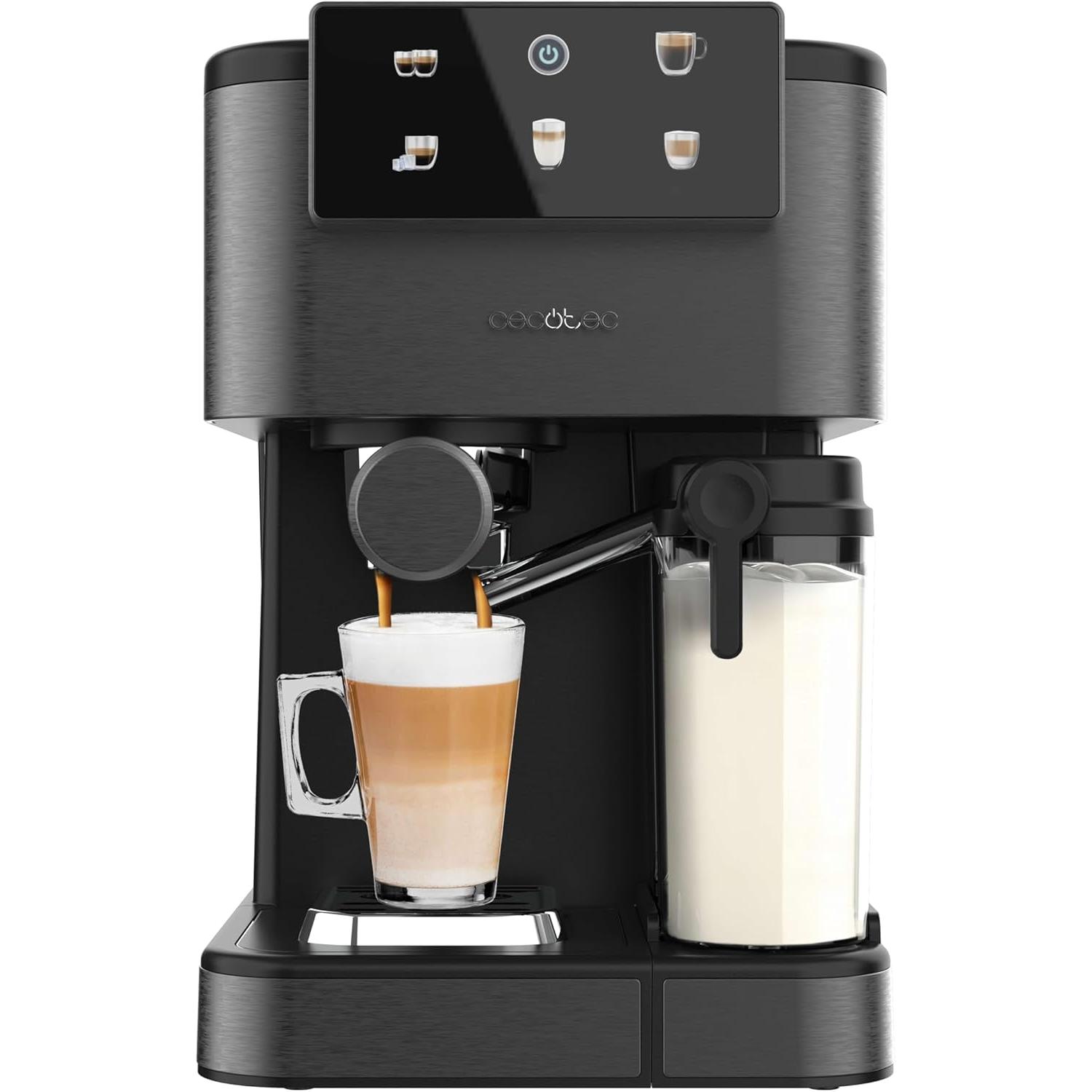Cecotec Cafetera Express Semiautomática Power Espresso ColdBrew Latte Oscuro. 1350W, 20 Bares, Frío, Templado o Caliente, Pantalla Táctil, 1.5L Depósito Agua, 500ml Depósito Leche, Doble Brazo