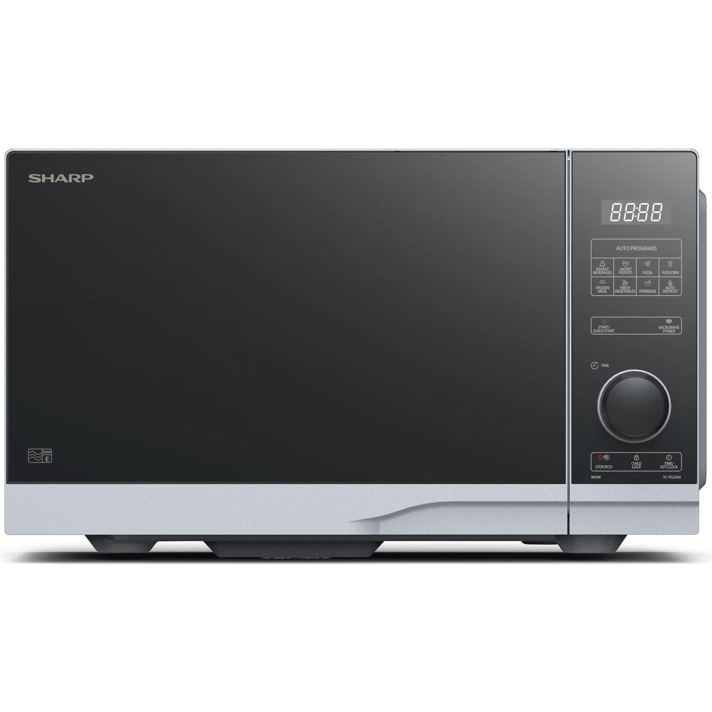 SHARP YC-PS234AE-S - Microondas (900 W, 23 L, 10 niveles de potencia, función eco, descongelación, seguridad infantil), color plateado y negro