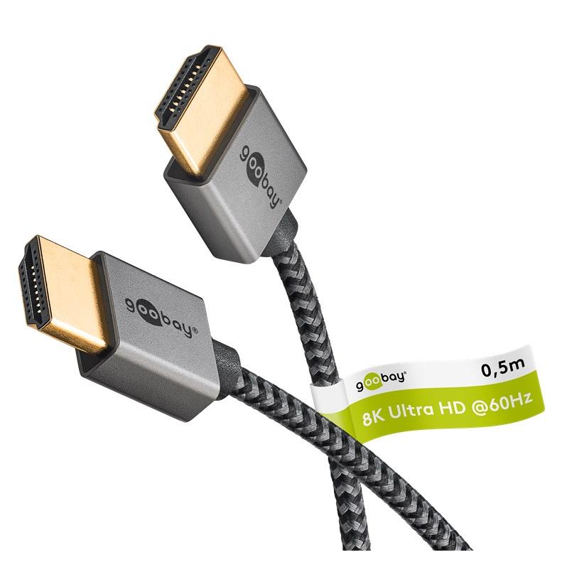 goobay Cable HDMI ultrafino, 0,5 m, cable HDMI 2.1 para vídeo 8K, color gris/nego – perfecto para instalaciones estrechas, con vídeo de alta resolución y calidad de sonido impresionante, 75756